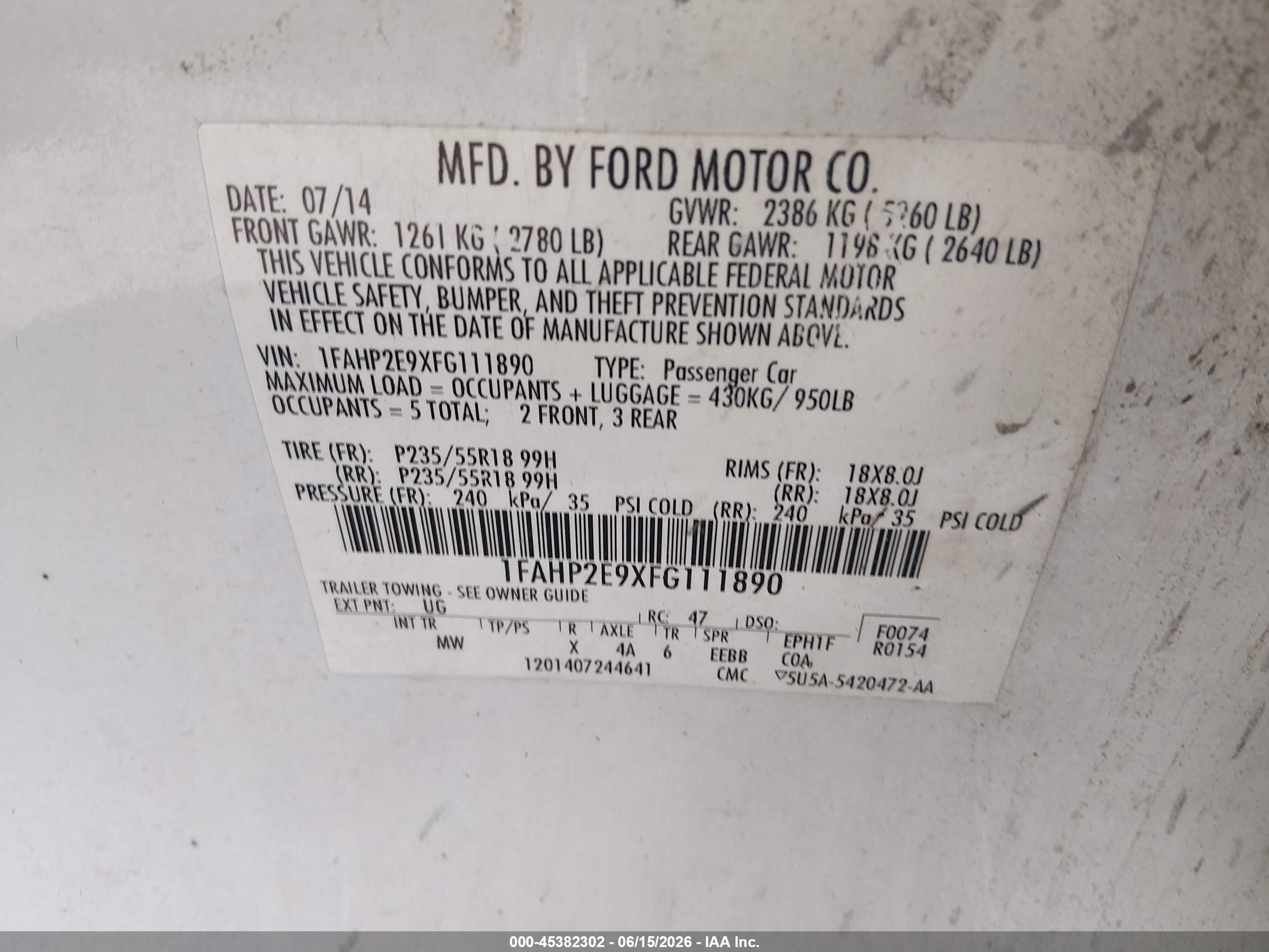 2015 Ford Taurus Sel White vin: 1FAHP2E9XFG111890