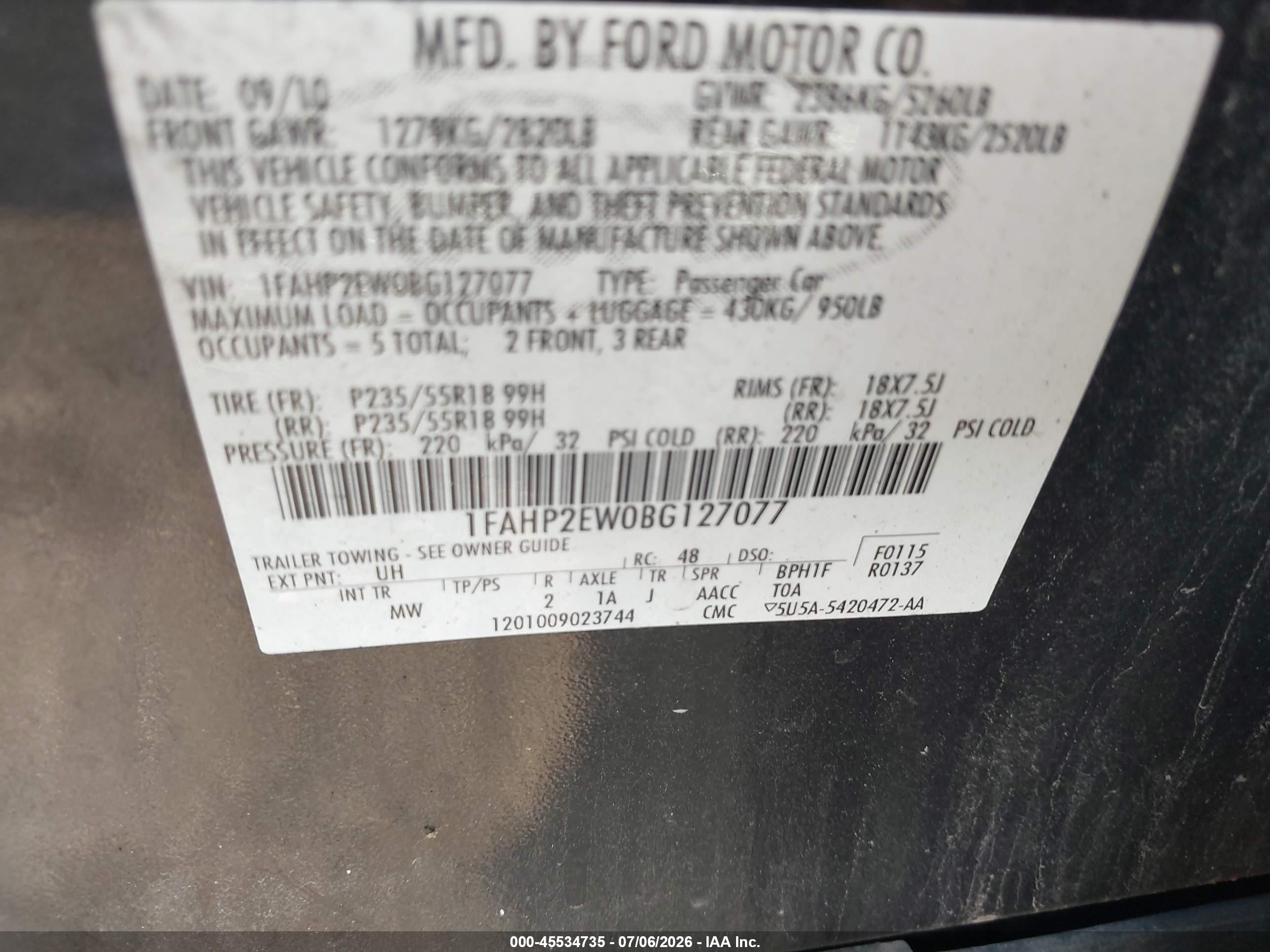 2011 Ford Taurus Sel Black vin: 1FAHP2EW0BG127077