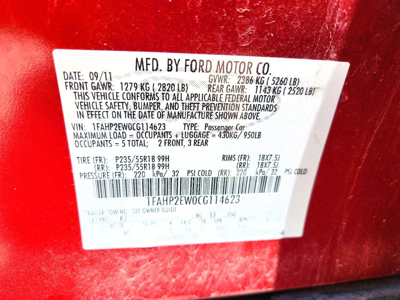 2012 Ford Taurus Sel Red vin: 1FAHP2EW0CG114623