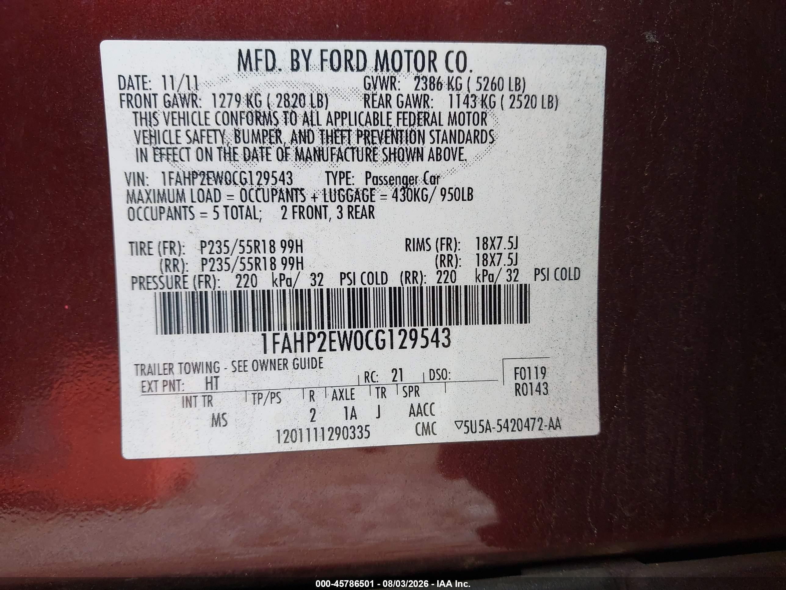 2012 Ford Taurus Sel Бордовый vin: 1FAHP2EW0CG129543
