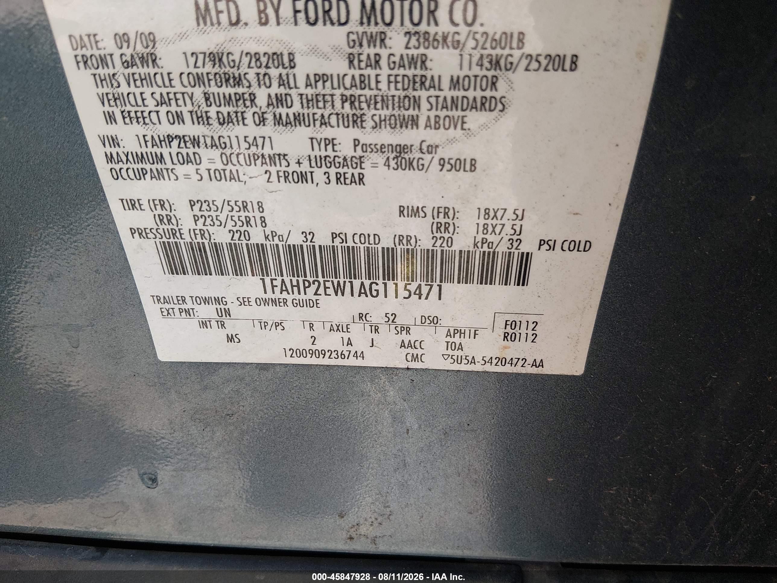 2010 Ford Taurus Sel Light Blue vin: 1FAHP2EW1AG115471