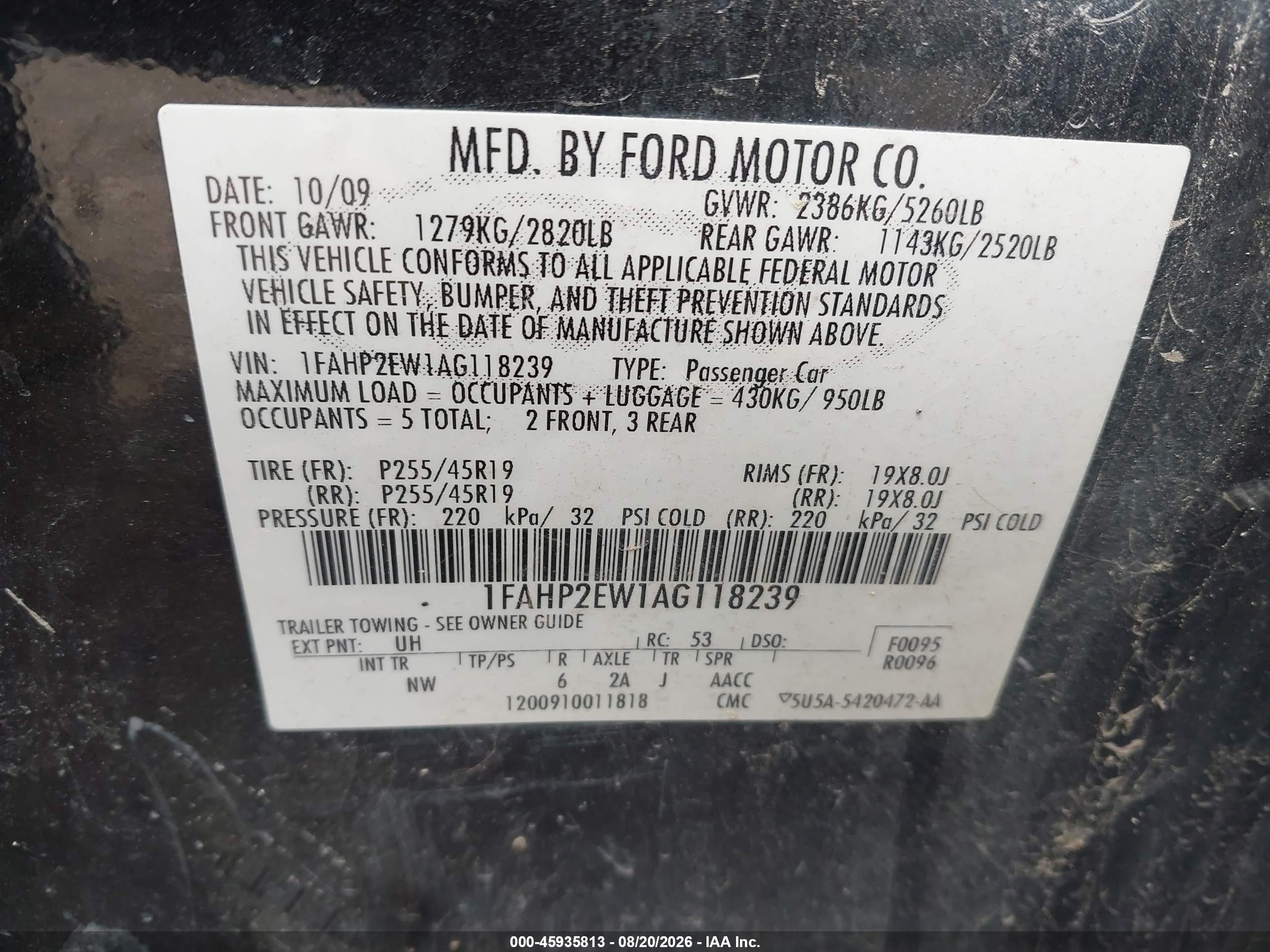 2010 Ford Taurus Sel Black vin: 1FAHP2EW1AG118239