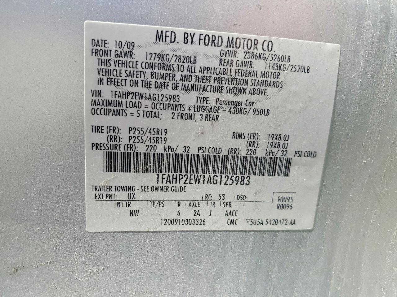 2010 Ford Taurus Sel Silver vin: 1FAHP2EW1AG125983