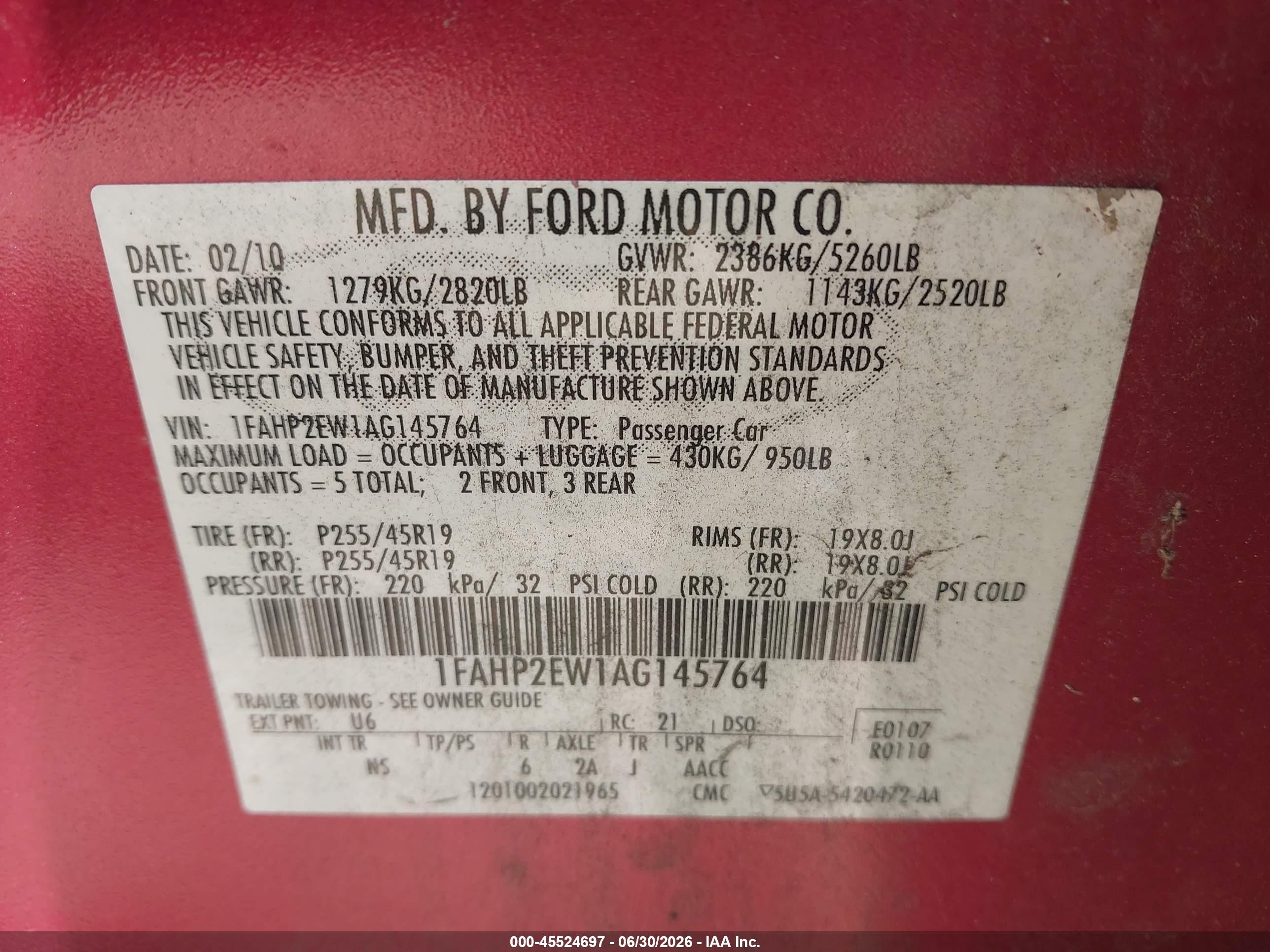 2010 Ford Taurus Sel Красный vin: 1FAHP2EW1AG145764