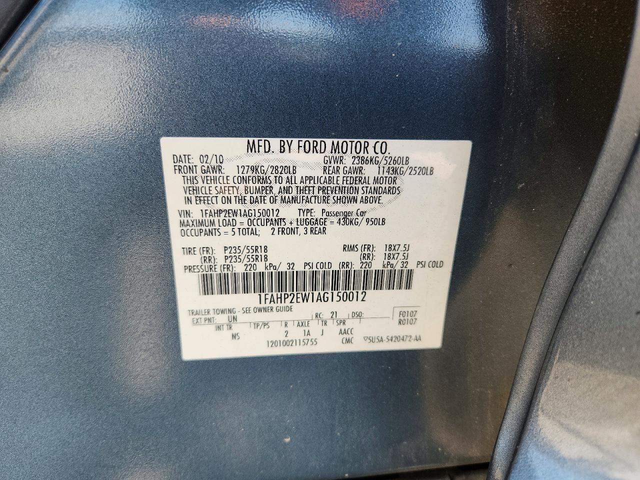 2010 Ford Taurus Sel Gray vin: 1FAHP2EW1AG150012