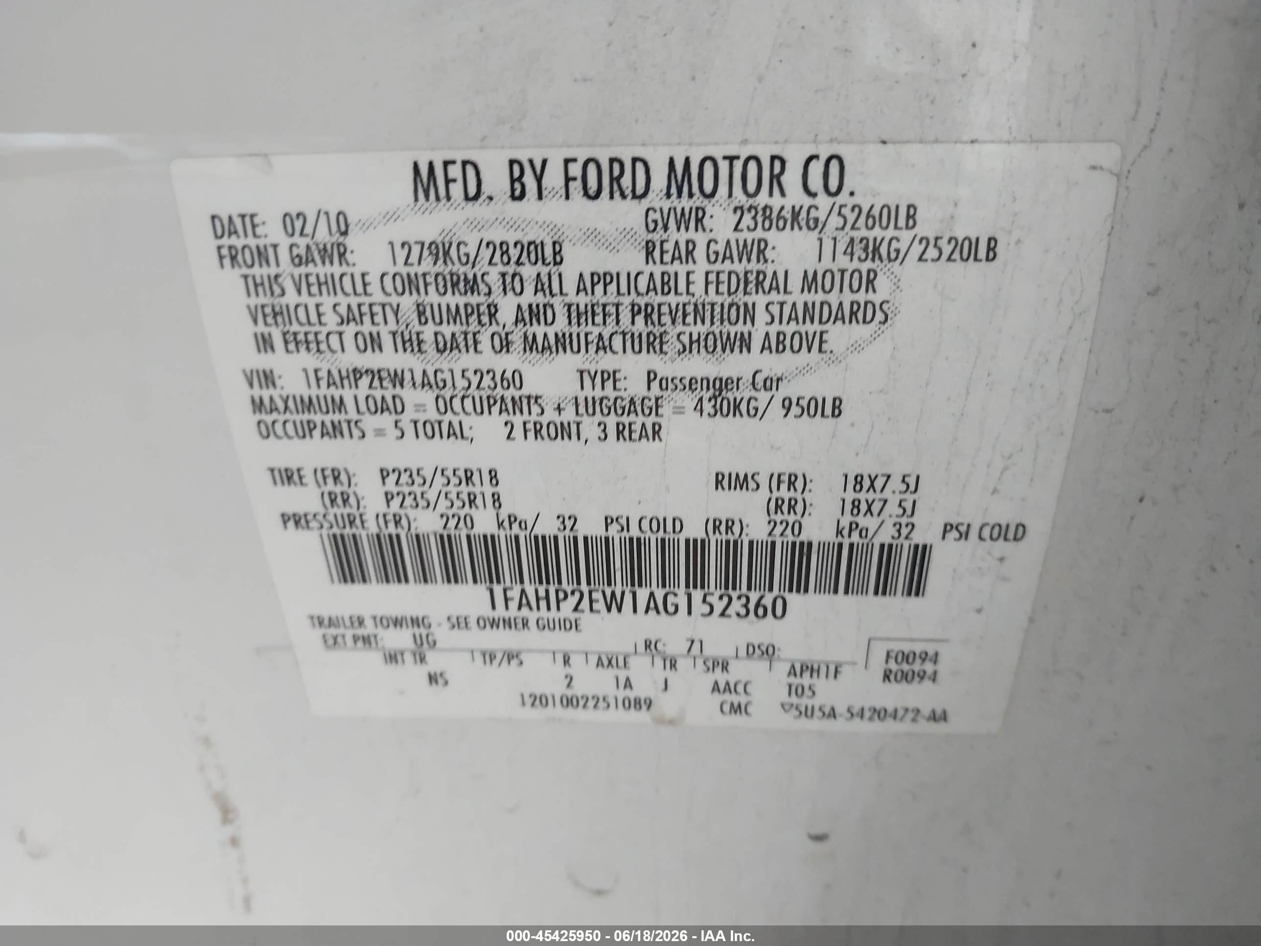 2010 Ford Taurus Sel White vin: 1FAHP2EW1AG152360