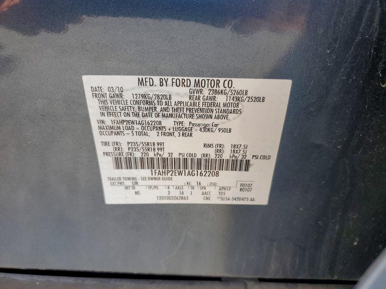 2010 Ford Taurus Sel Blue vin: 1FAHP2EW1AG162208