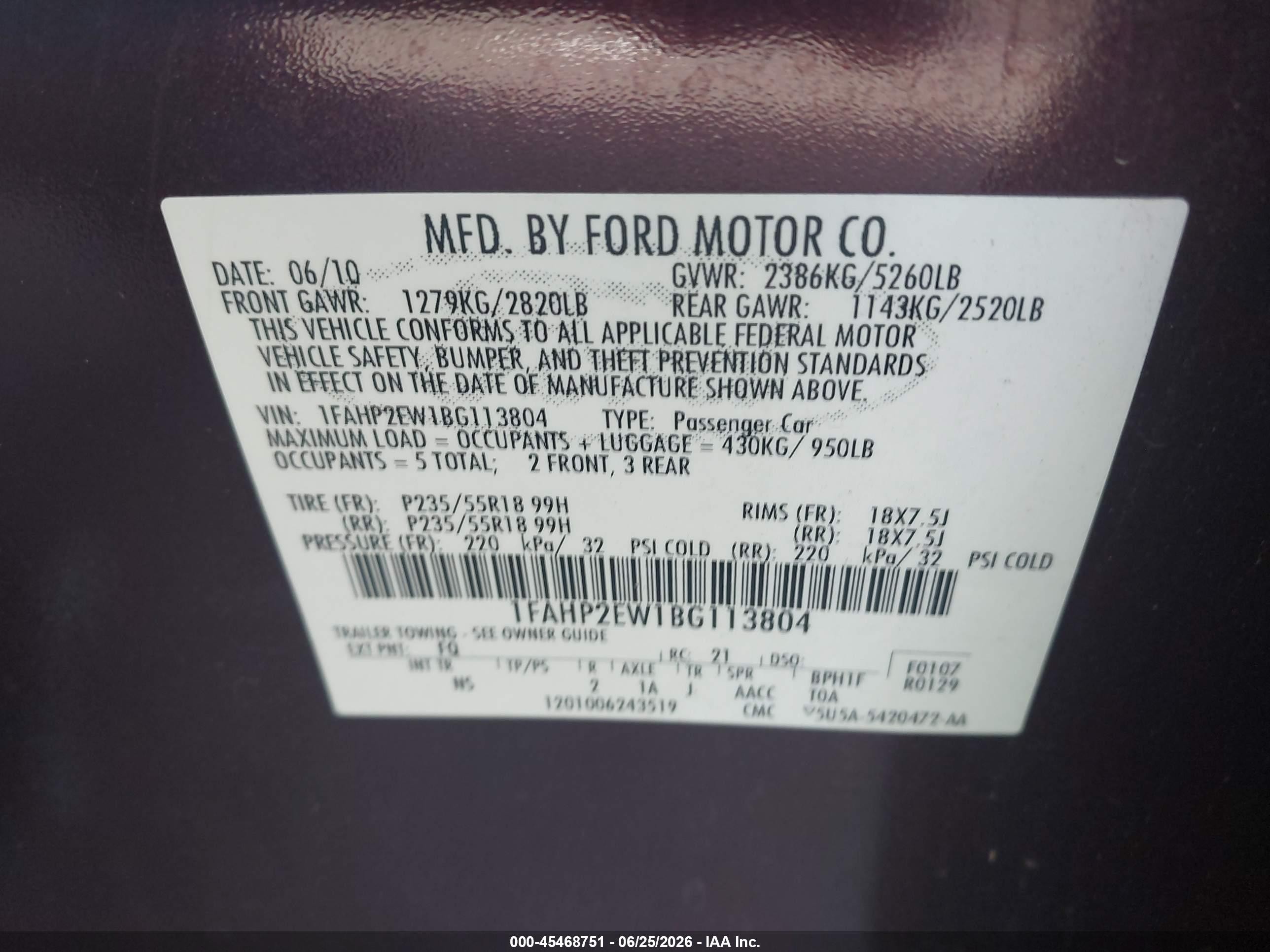 2011 Ford Taurus Sel Burgundy vin: 1FAHP2EW1BG113804
