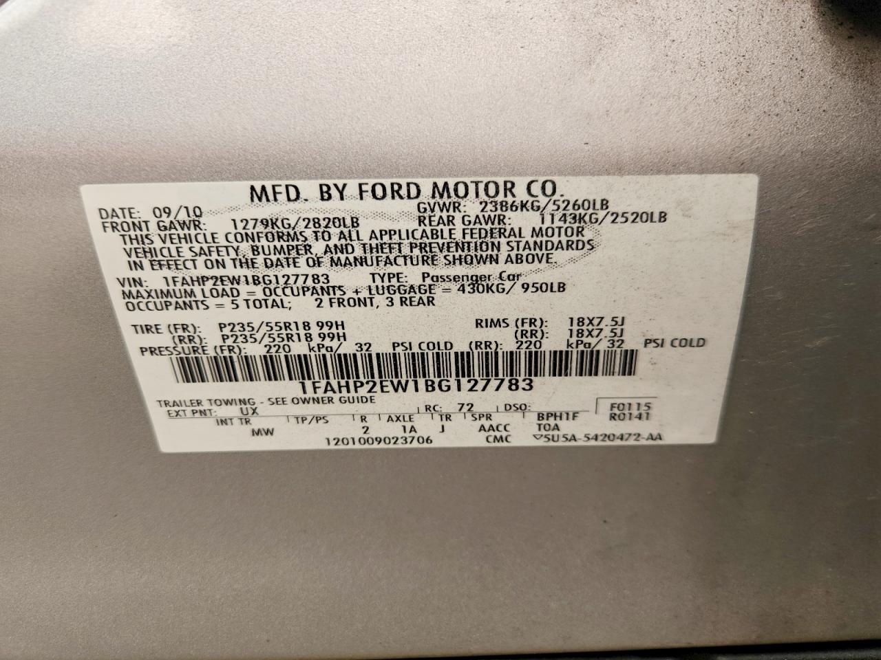 2011 Ford Taurus Sel Silver vin: 1FAHP2EW1BG127783
