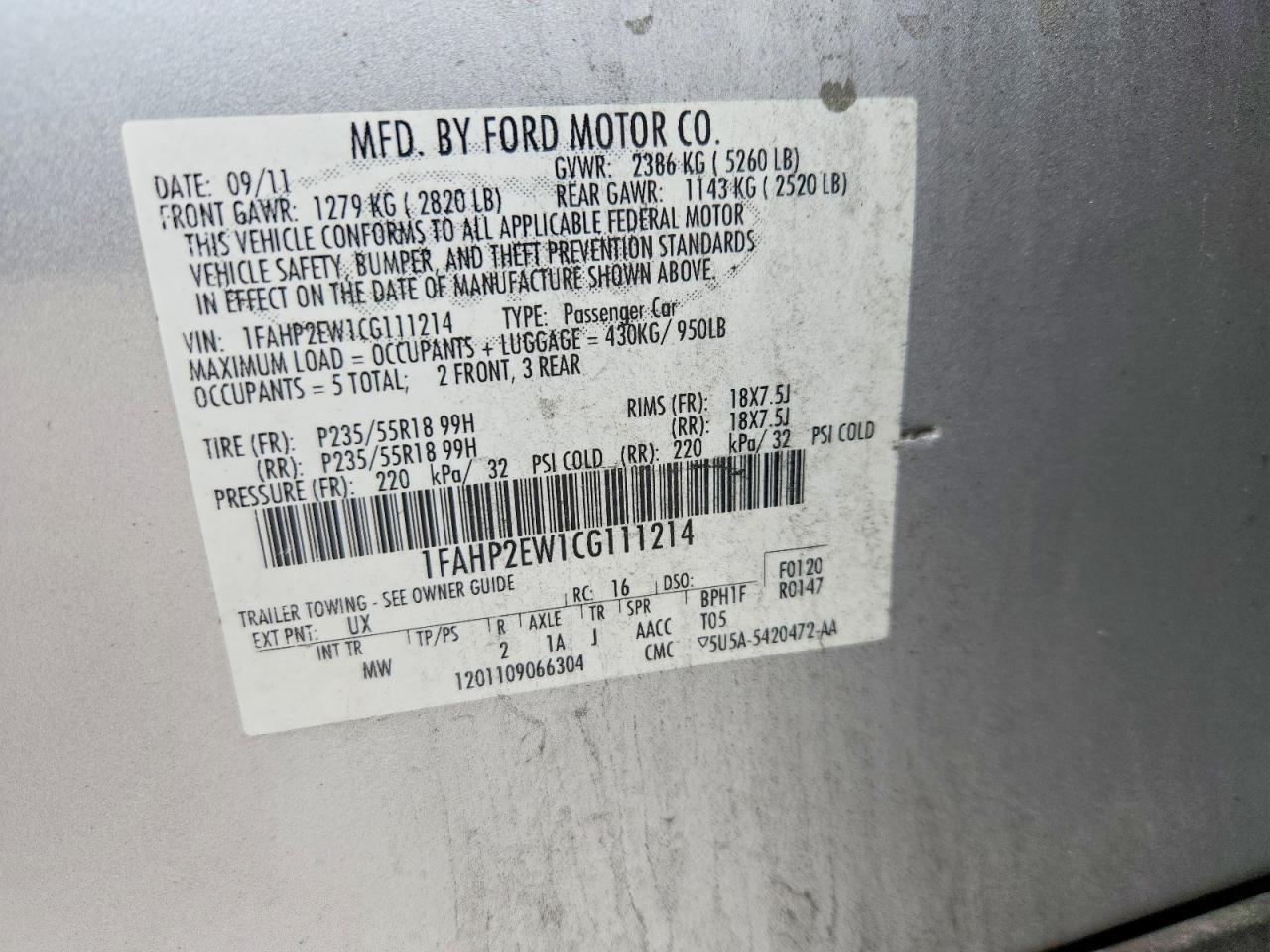 2012 Ford Taurus Sel Silver vin: 1FAHP2EW1CG111214