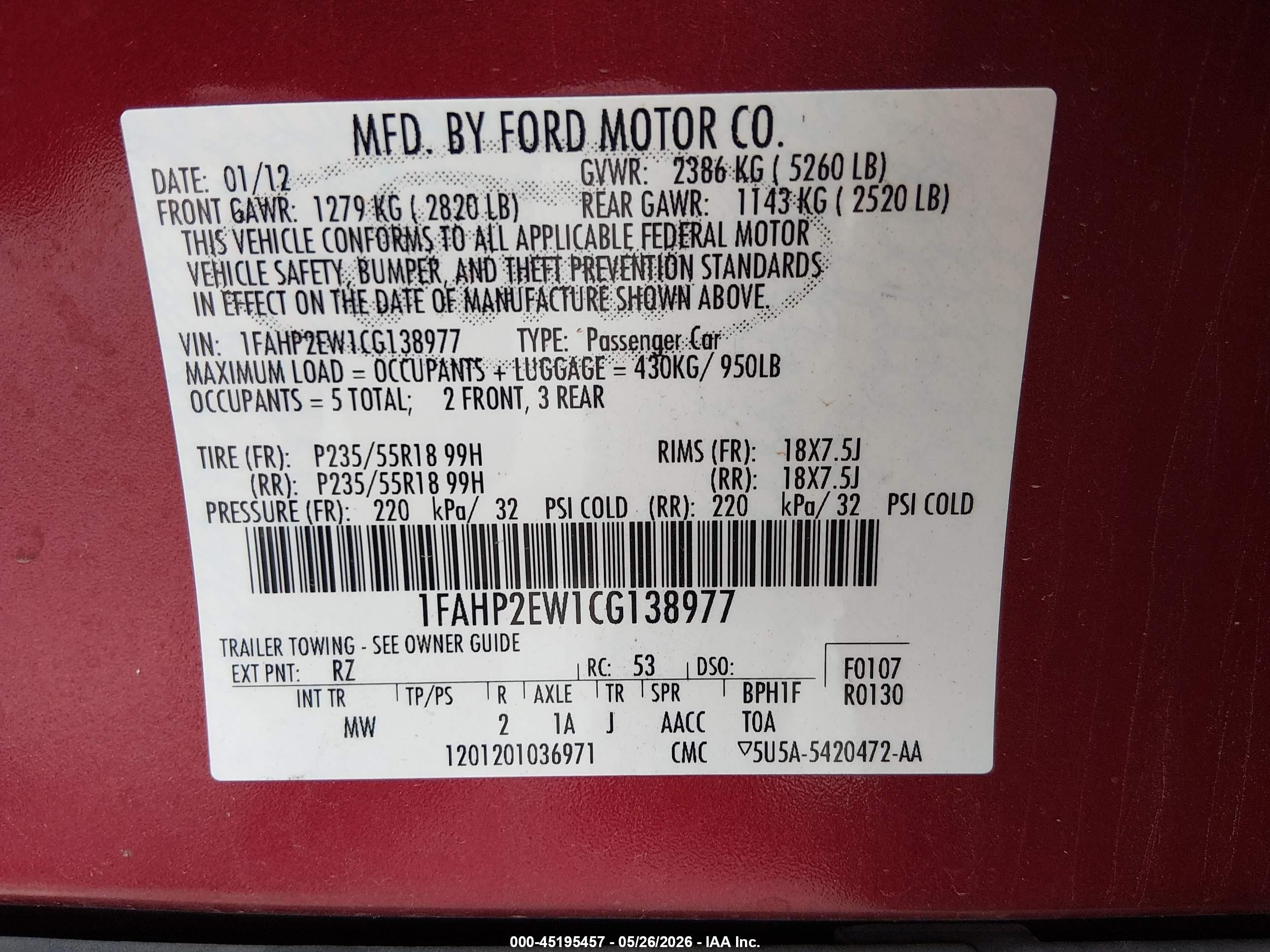 2012 Ford Taurus Sel Красный vin: 1FAHP2EW1CG138977