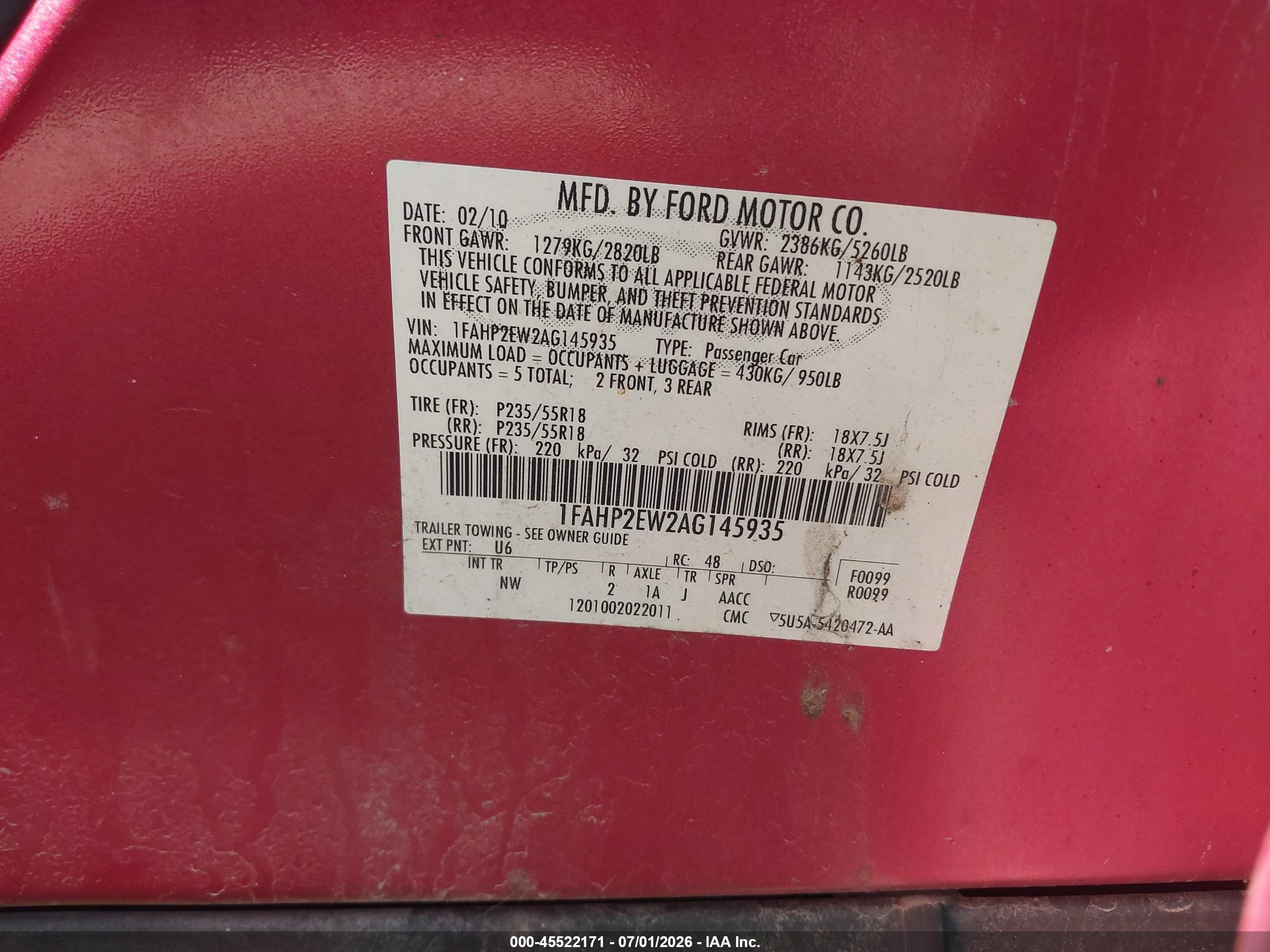 2010 Ford Taurus Sel Red vin: 1FAHP2EW2AG145935