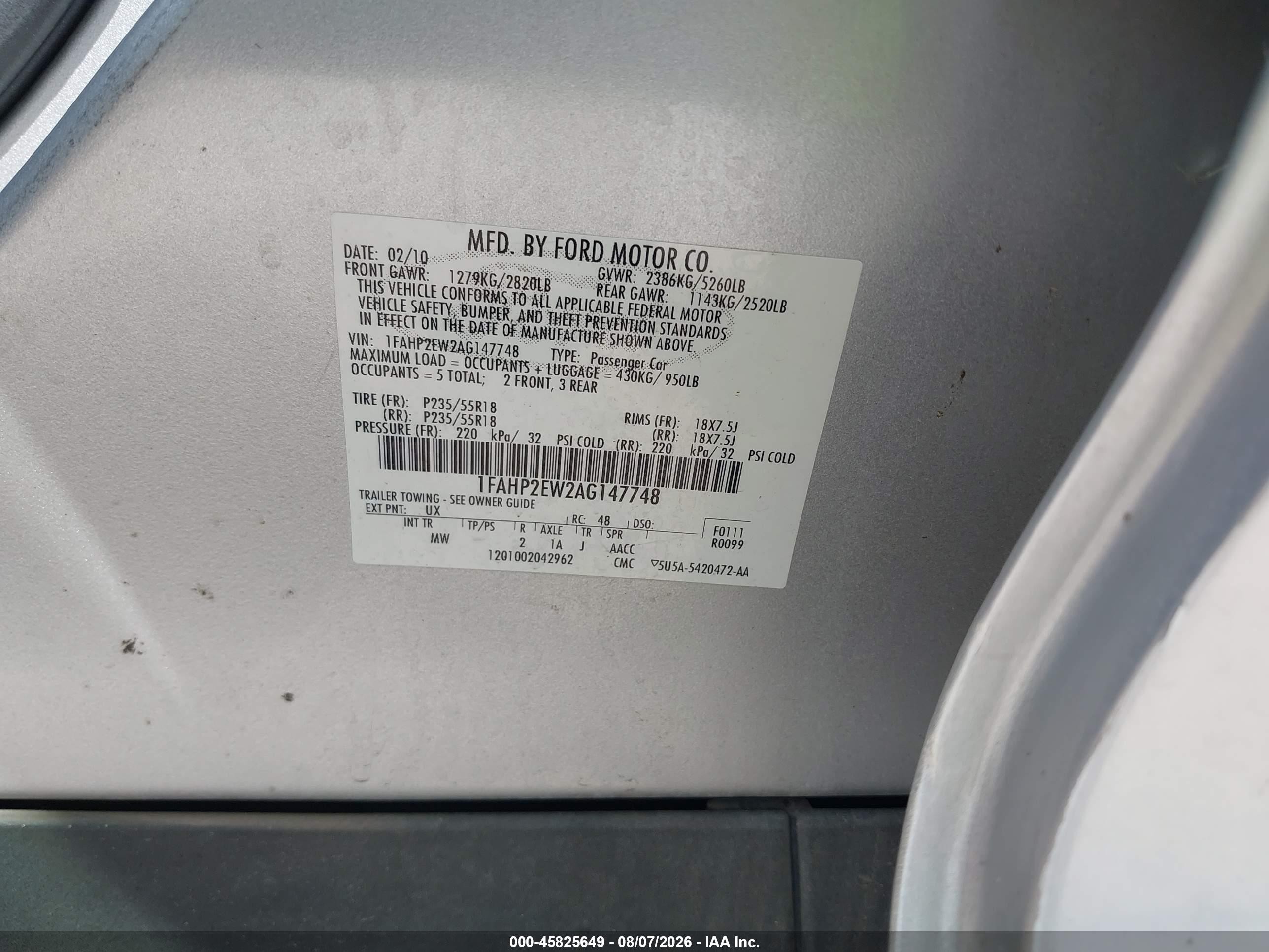 2010 Ford Taurus Sel Silver vin: 1FAHP2EW2AG147748