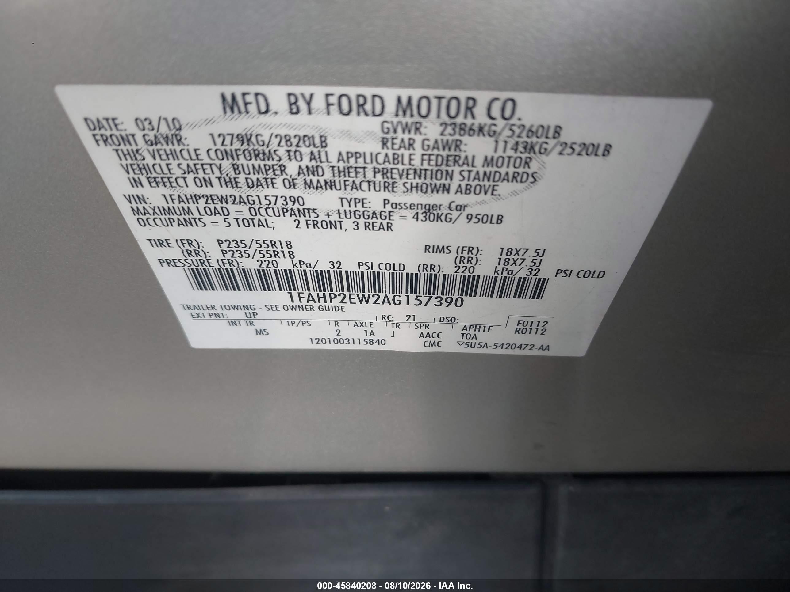 2010 Ford Taurus Sel Gold vin: 1FAHP2EW2AG157390