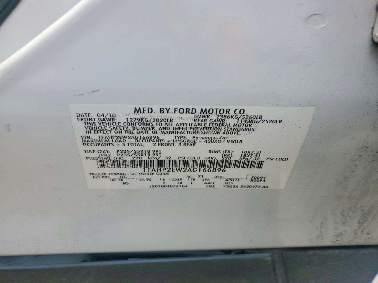2010 Ford Taurus Sel White vin: 1FAHP2EW2AG166896