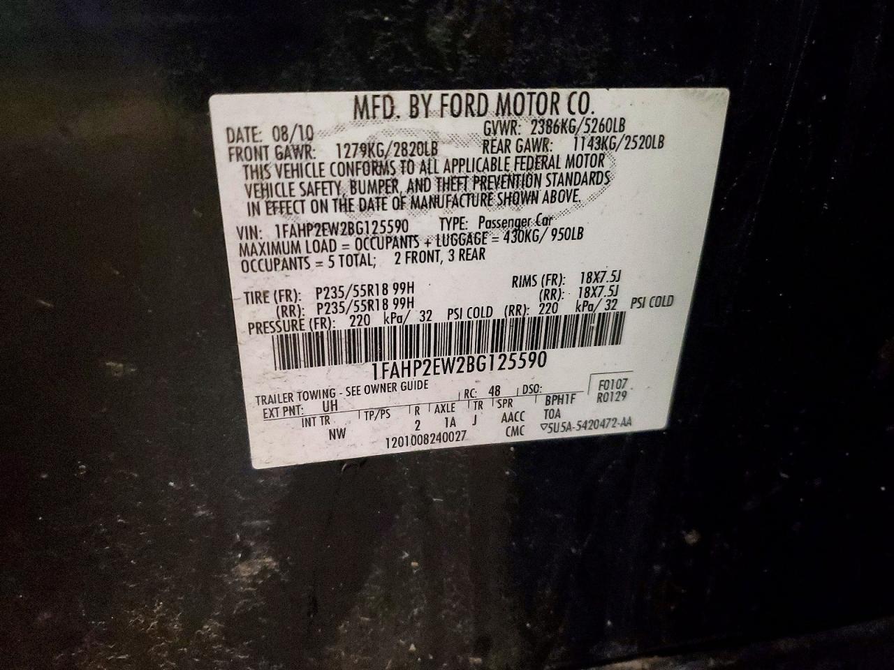 2011 Ford Taurus Sel Black vin: 1FAHP2EW2BG125590