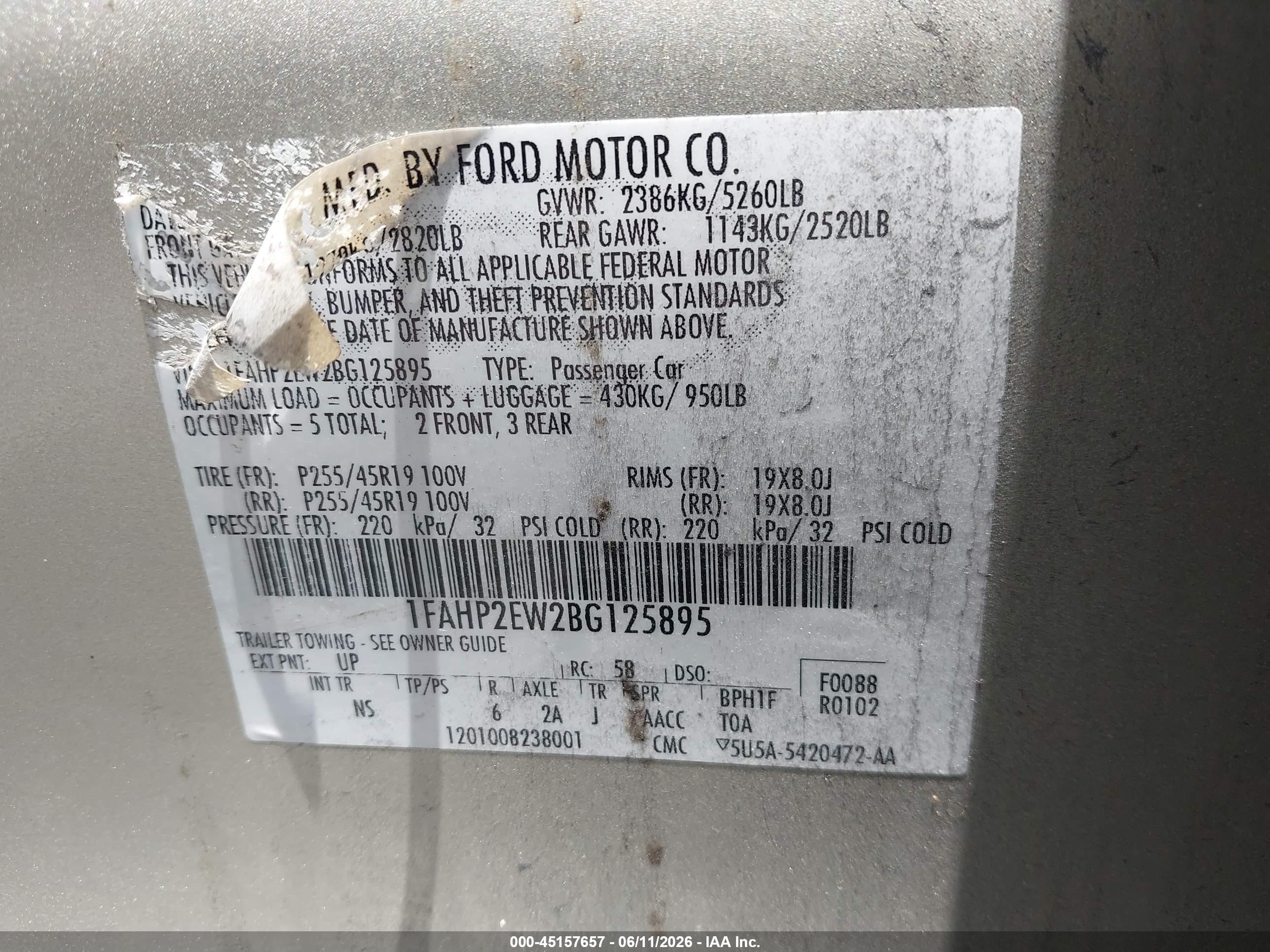 2011 Ford Taurus Sel Gold vin: 1FAHP2EW2BG125895