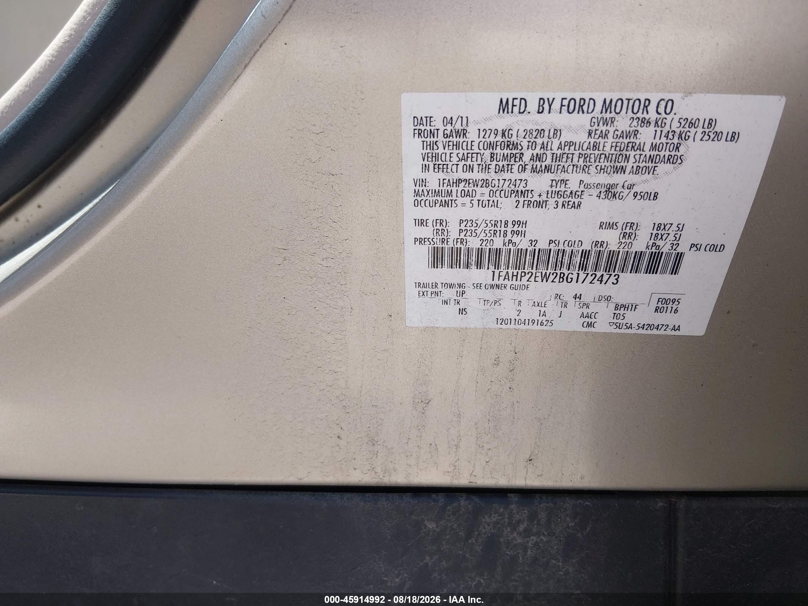 2011 Ford Taurus Sel Tan vin: 1FAHP2EW2BG172473