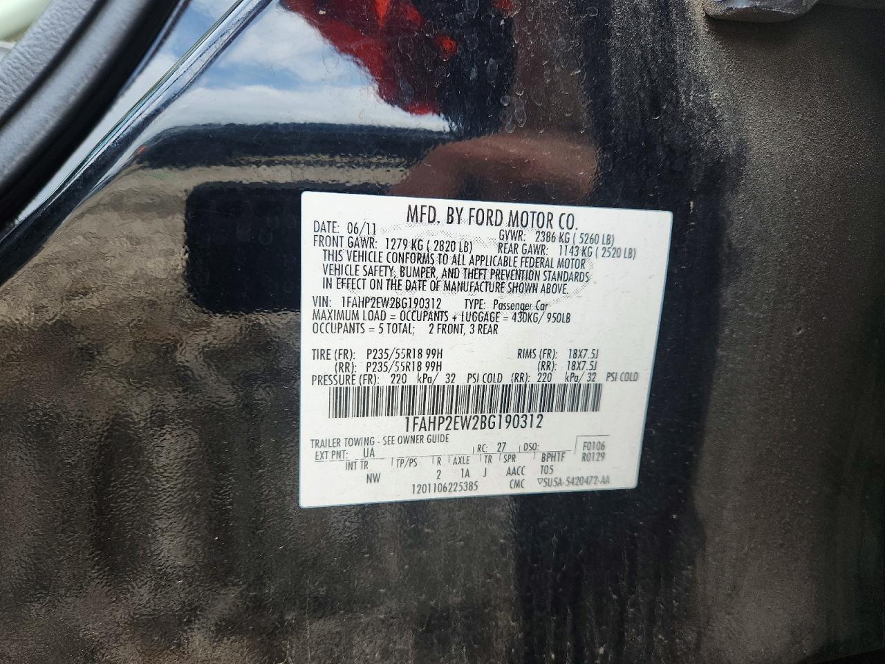 2011 Ford Taurus Sel Black vin: 1FAHP2EW2BG190312
