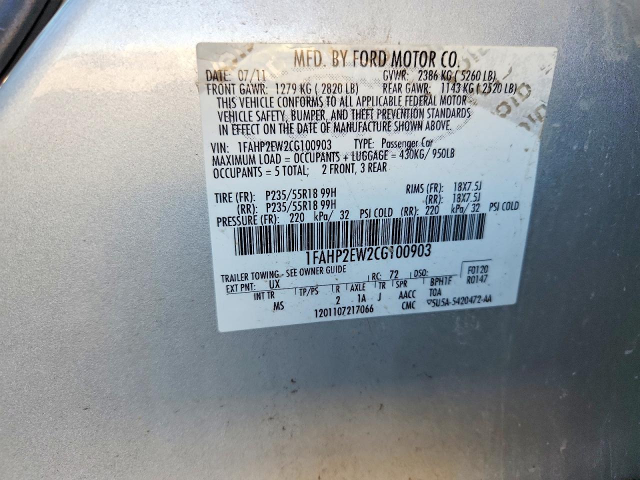 2012 Ford Taurus Sel Silver vin: 1FAHP2EW2CG100903