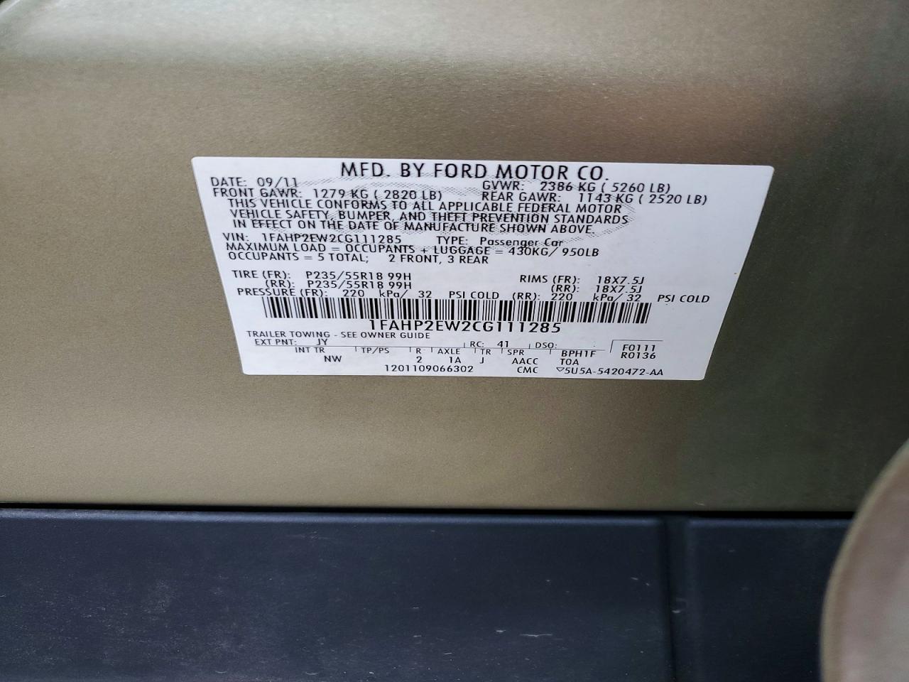 2012 Ford Taurus Green vin: 1FAHP2EW2CG111285
