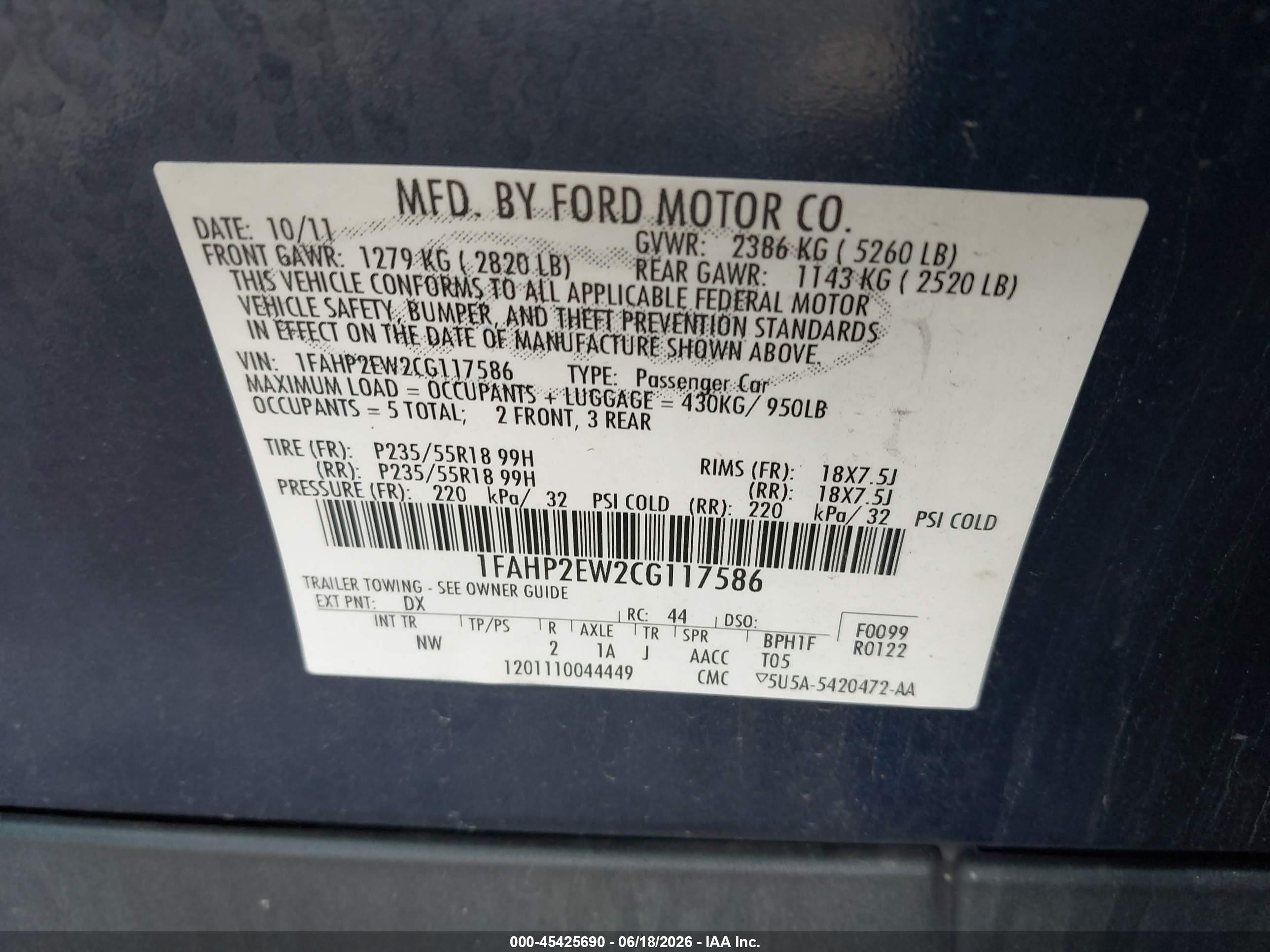 2012 Ford Taurus Sel Blue vin: 1FAHP2EW2CG117586