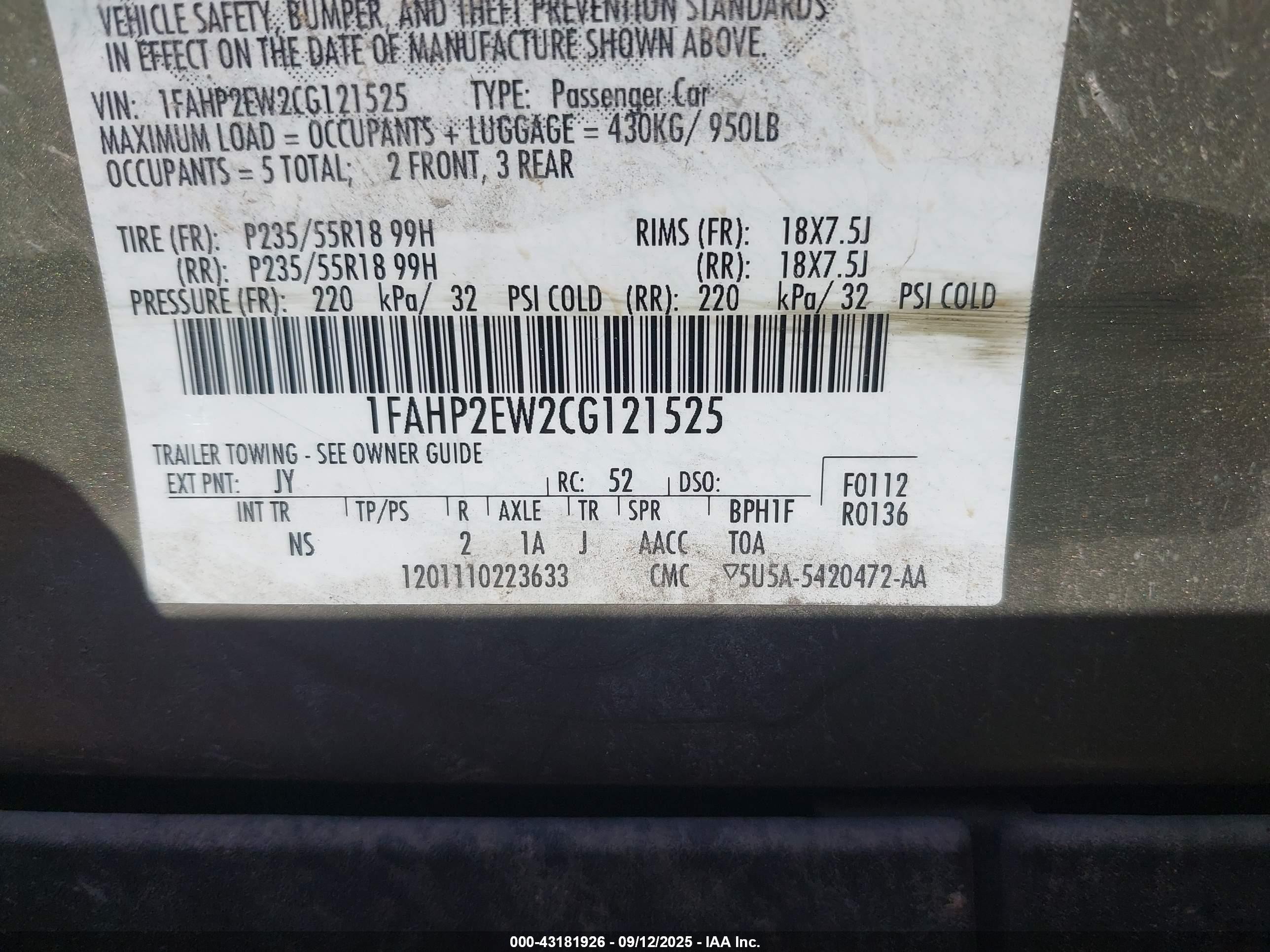 2012 Ford Taurus Sel Green vin: 1FAHP2EW2CG121525