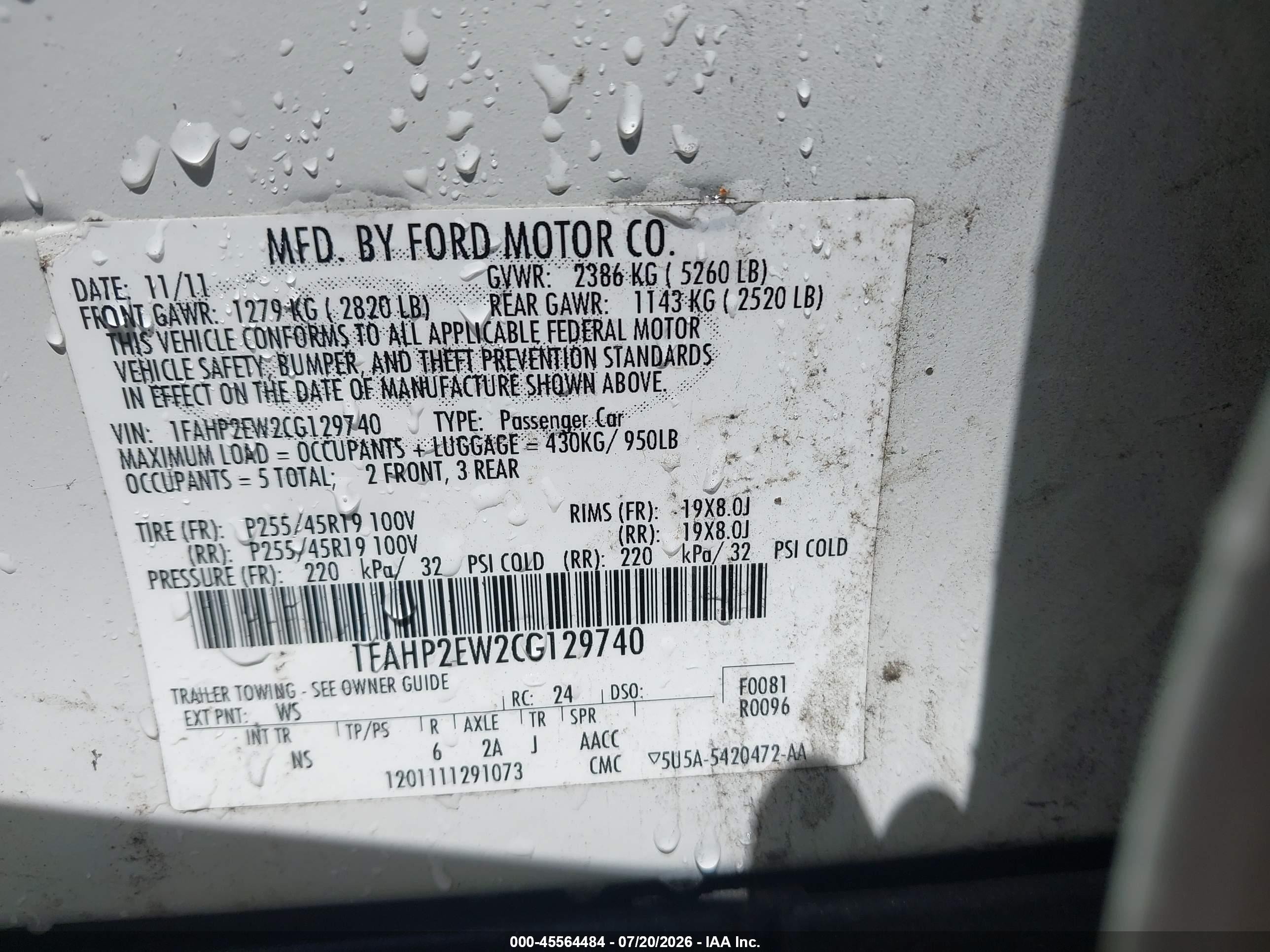 2012 Ford Taurus Sel White vin: 1FAHP2EW2CG129740