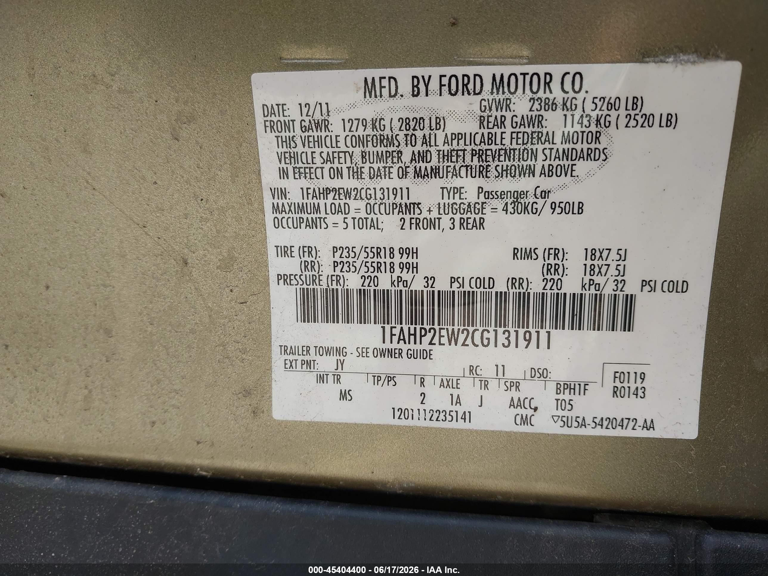 2012 Ford Taurus Sel Beige vin: 1FAHP2EW2CG131911
