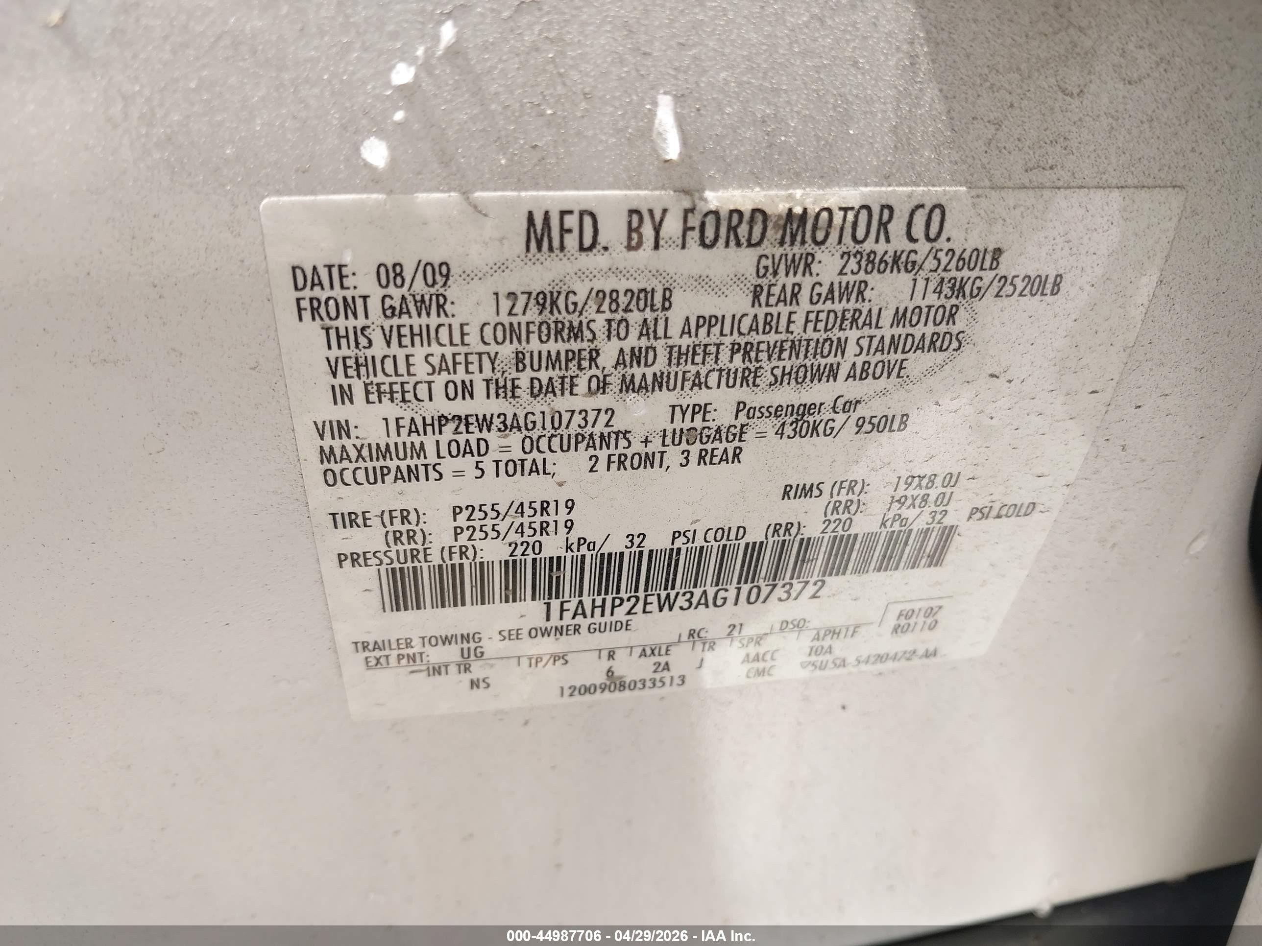 2010 Ford Taurus Sel White vin: 1FAHP2EW3AG107372