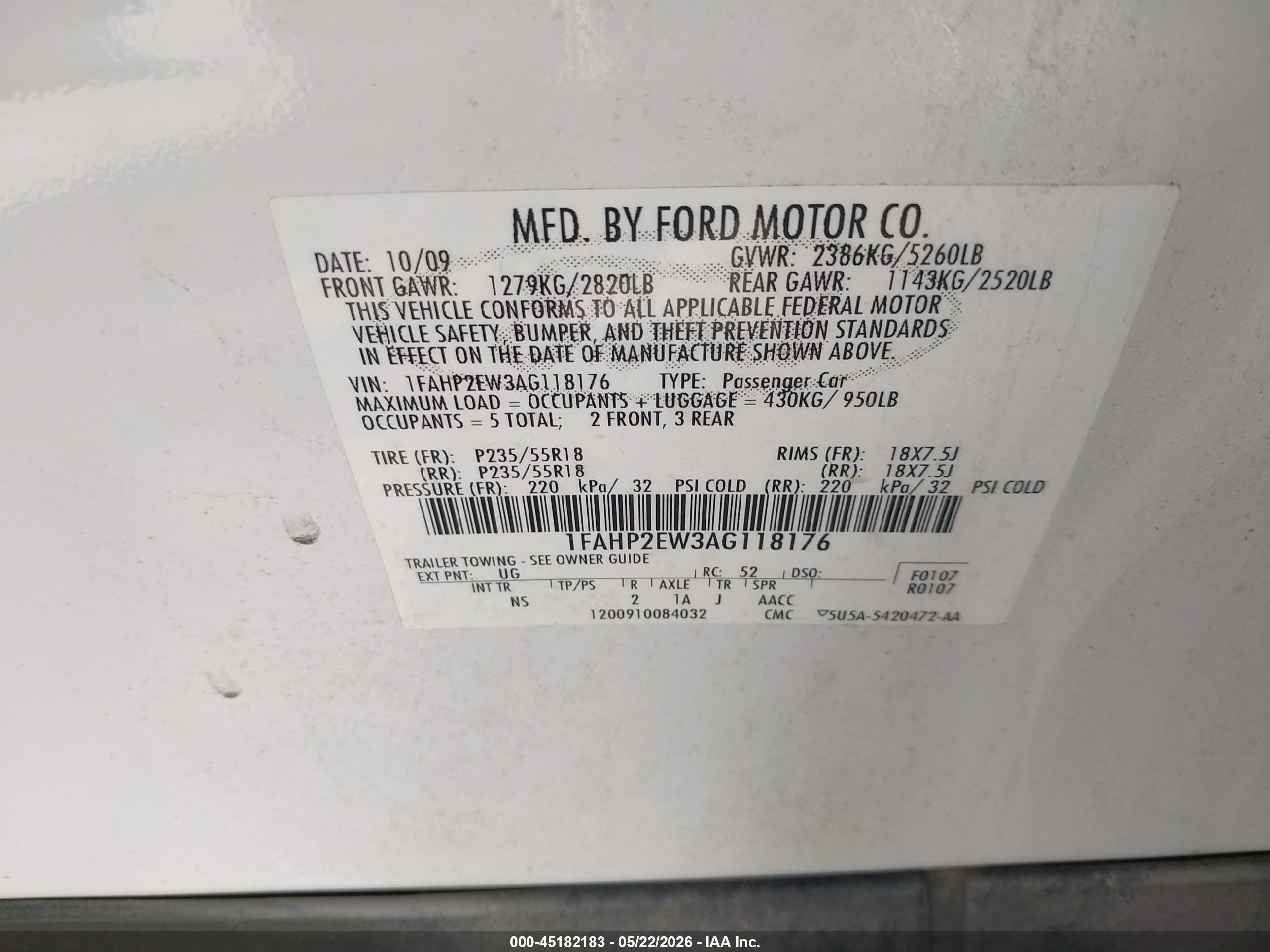 2010 Ford Taurus Sel White vin: 1FAHP2EW3AG118176