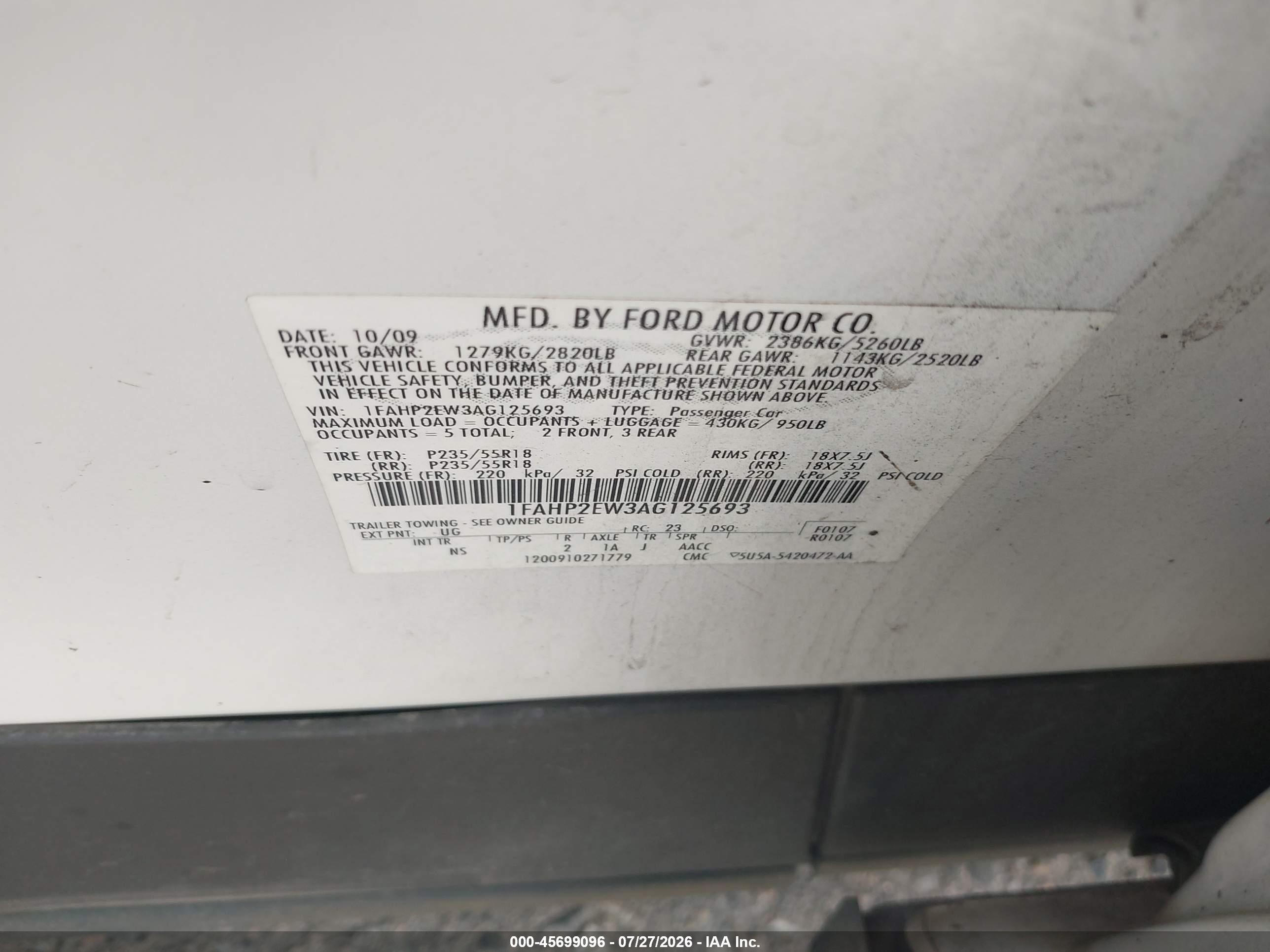 2010 Ford Taurus Sel White vin: 1FAHP2EW3AG125693