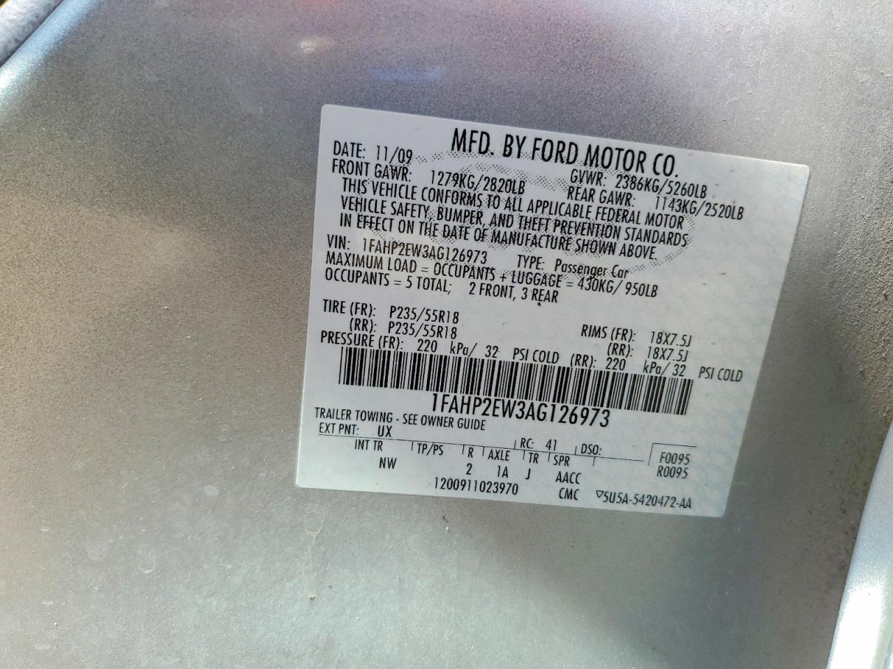 2010 Ford Taurus Sel Silver vin: 1FAHP2EW3AG126973