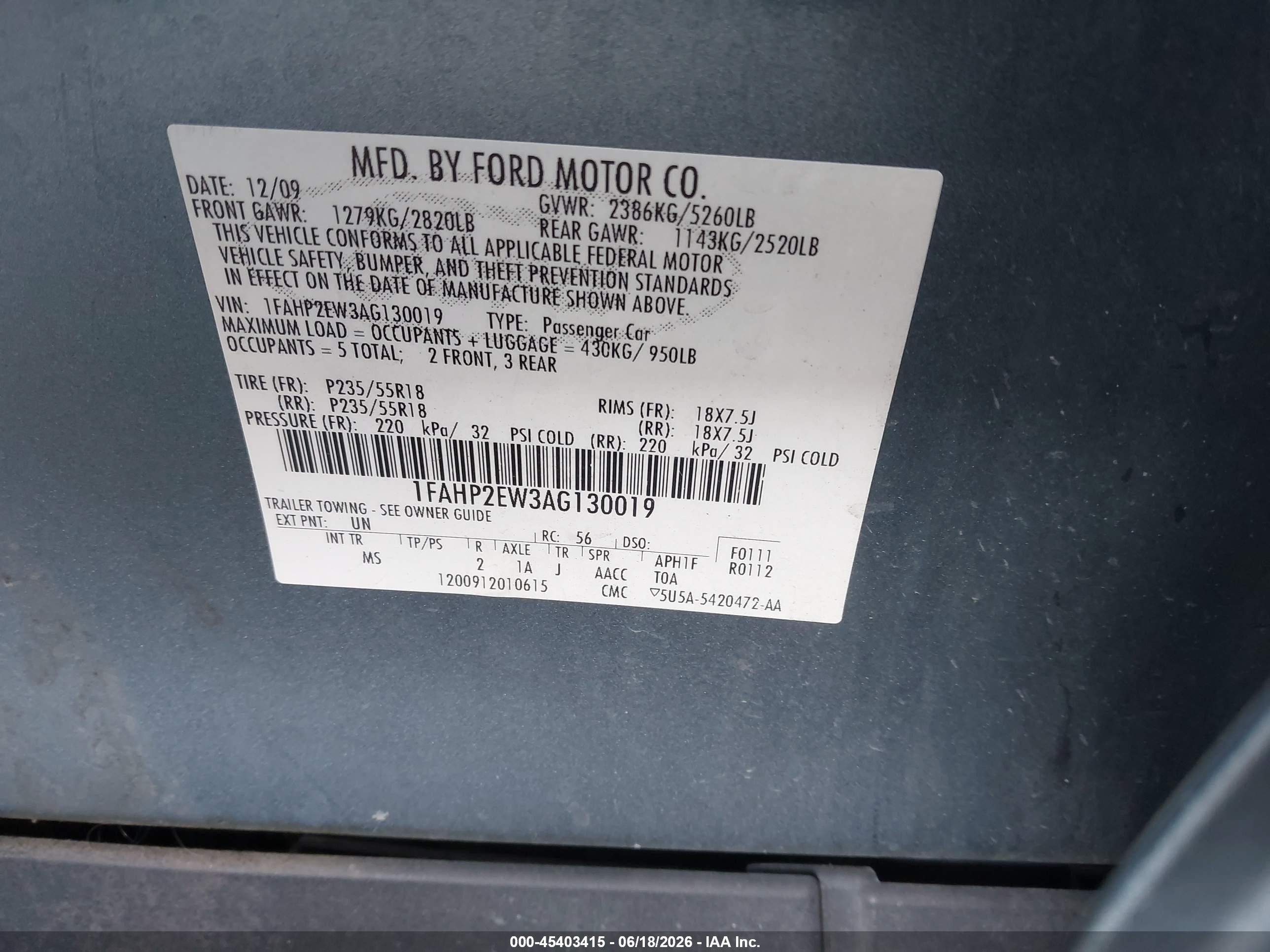 2010 Ford Taurus Sel Light Blue vin: 1FAHP2EW3AG130019