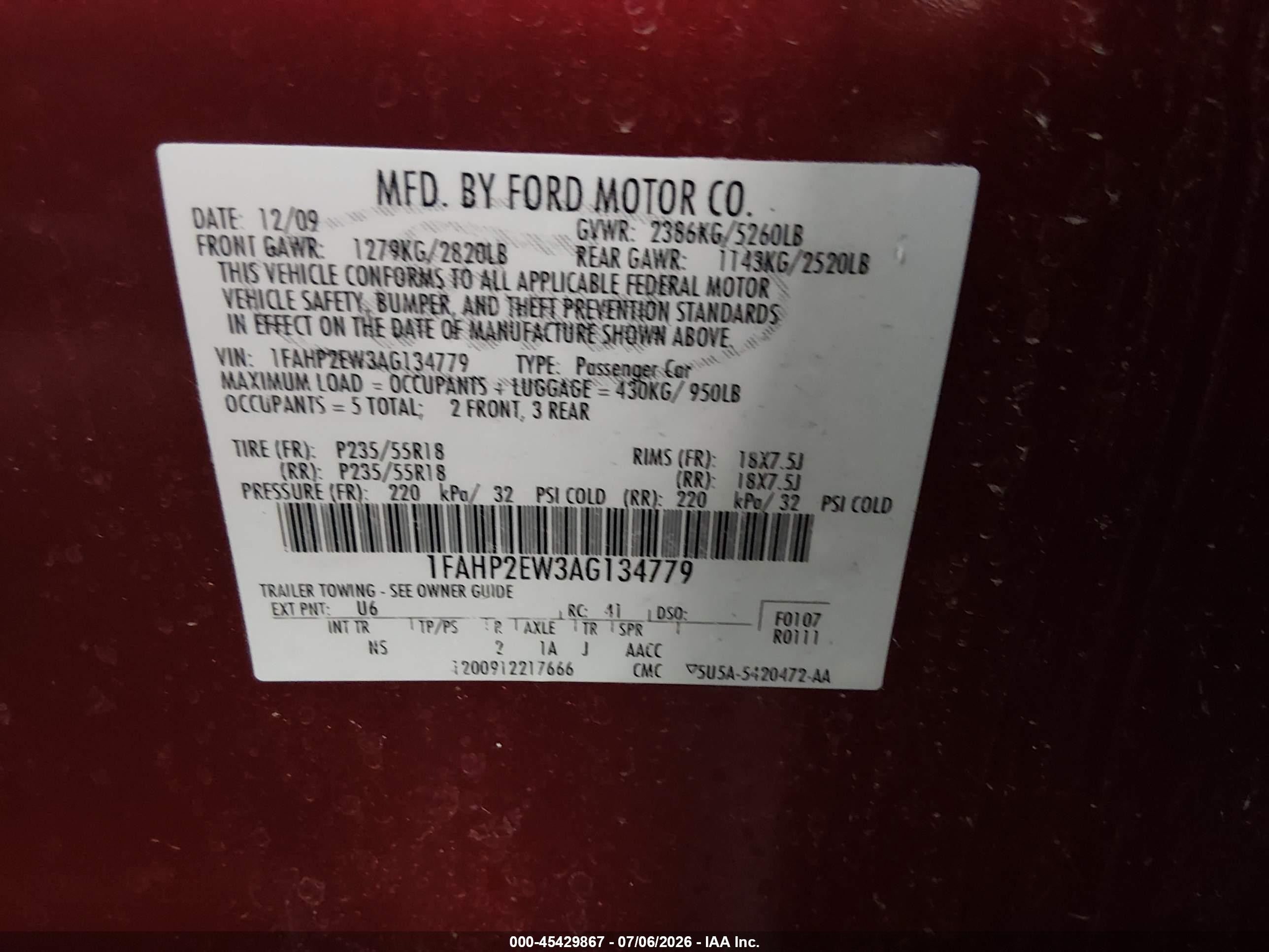 2010 Ford Taurus Sel Red vin: 1FAHP2EW3AG134779