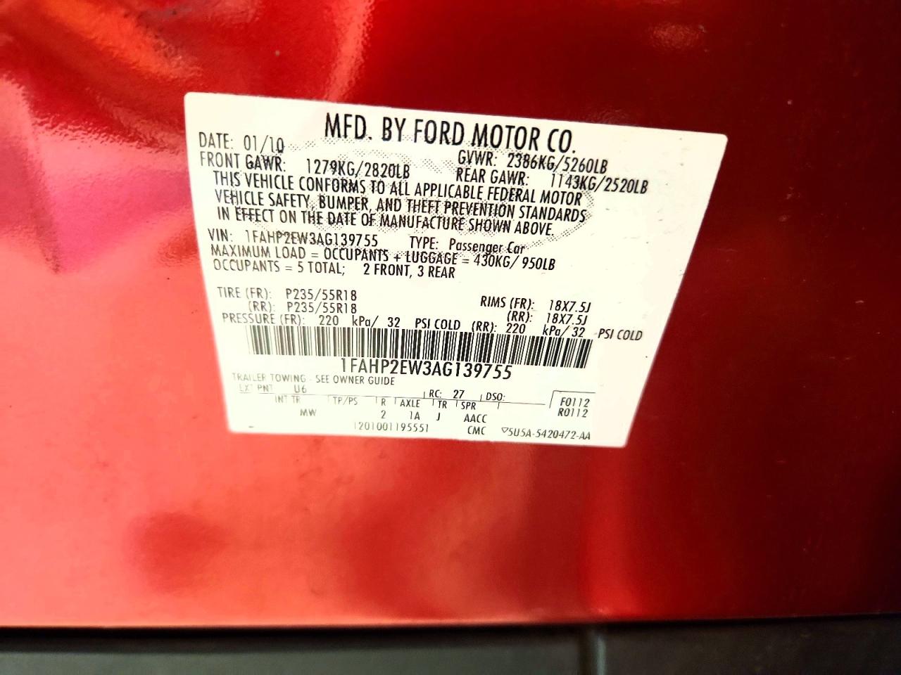 2010 Ford Taurus Sel Red vin: 1FAHP2EW3AG139755