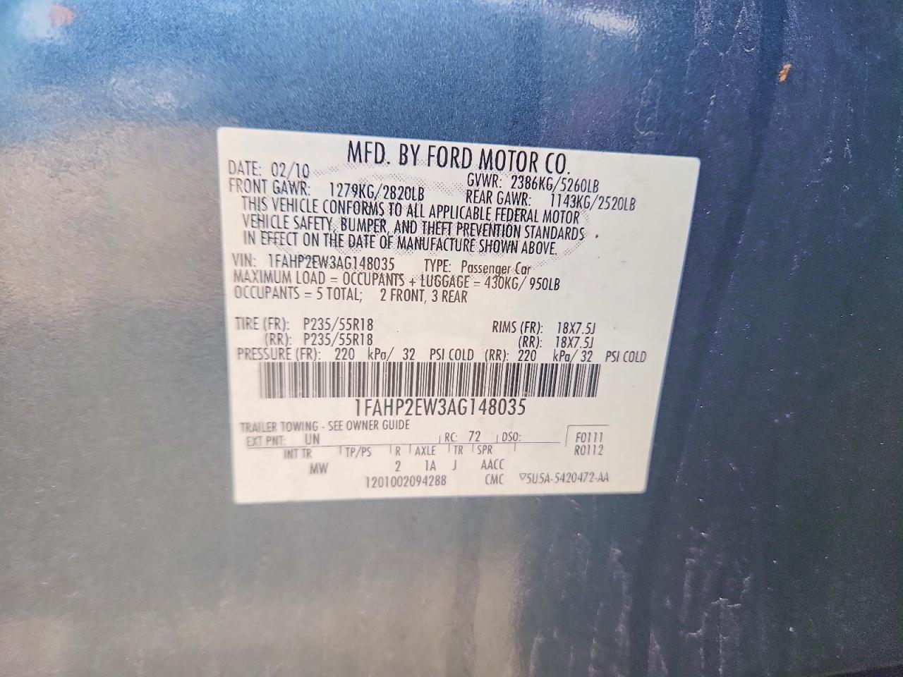 2010 Ford Taurus Sel Blue vin: 1FAHP2EW3AG148035