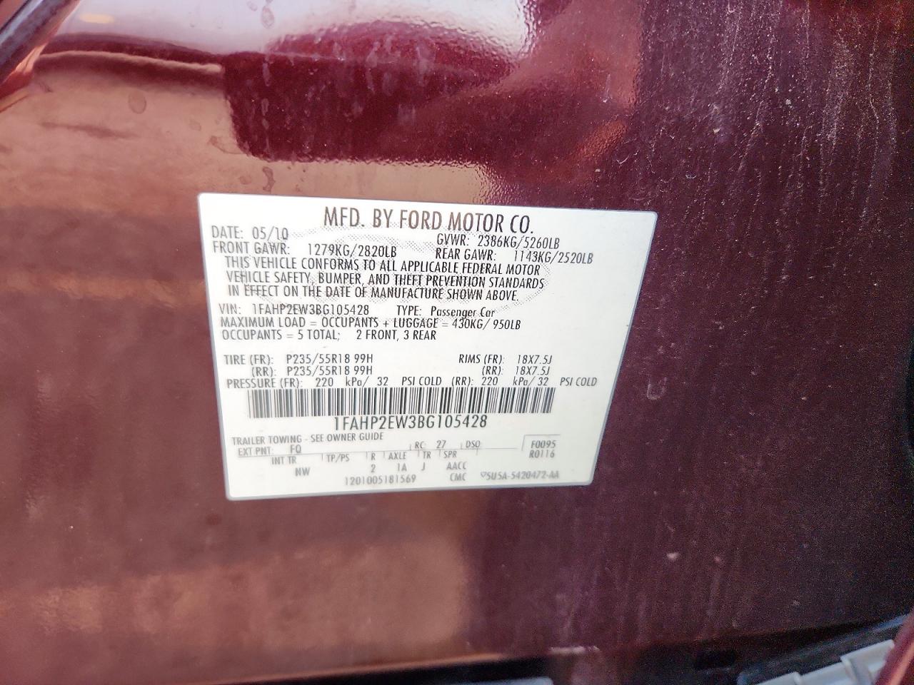 2011 Ford Taurus Sel Burgundy vin: 1FAHP2EW3BG105428