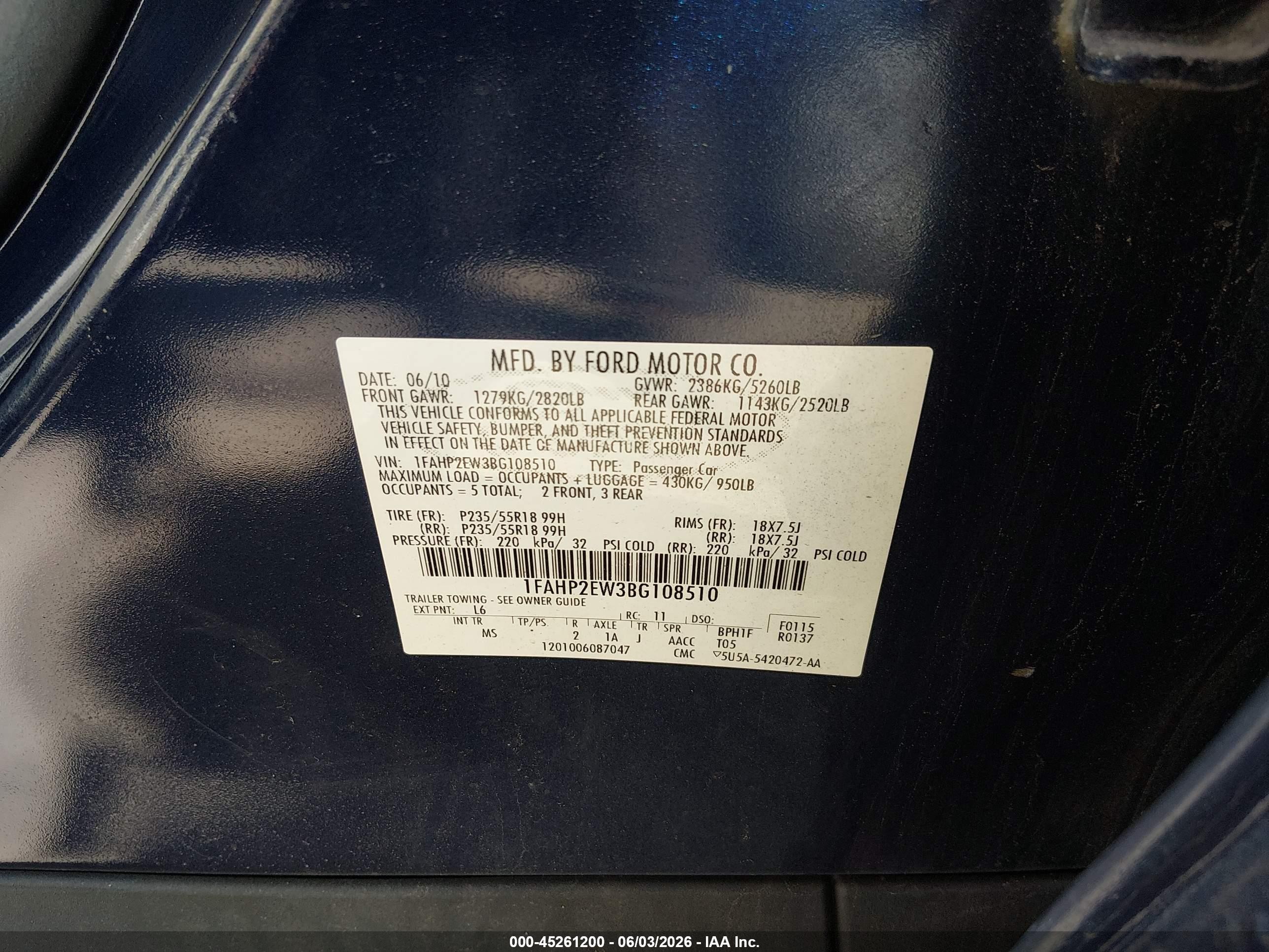 2011 Ford Taurus Sel Dark Blue vin: 1FAHP2EW3BG108510