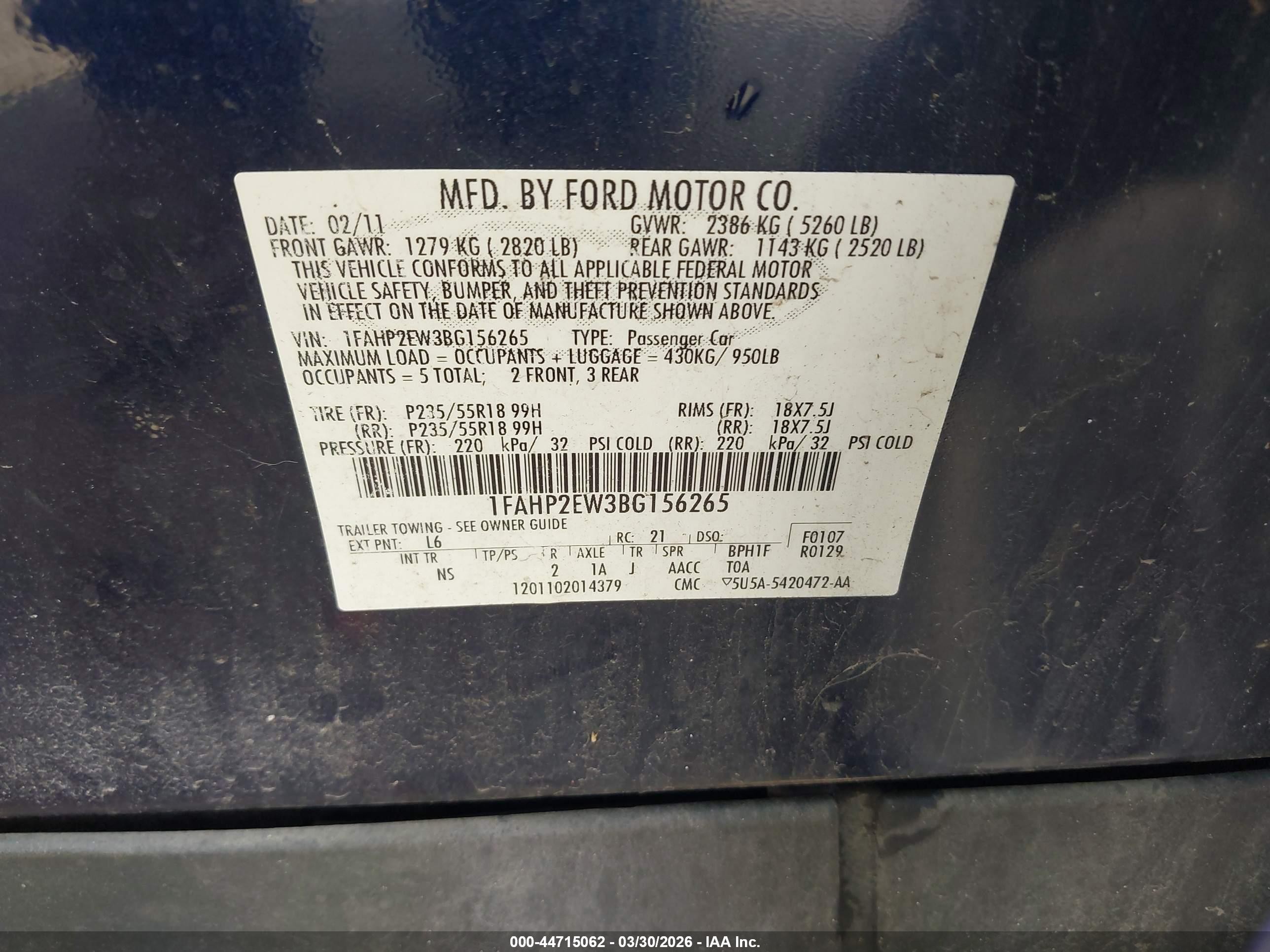 2011 Ford Taurus Sel Blue vin: 1FAHP2EW3BG156265