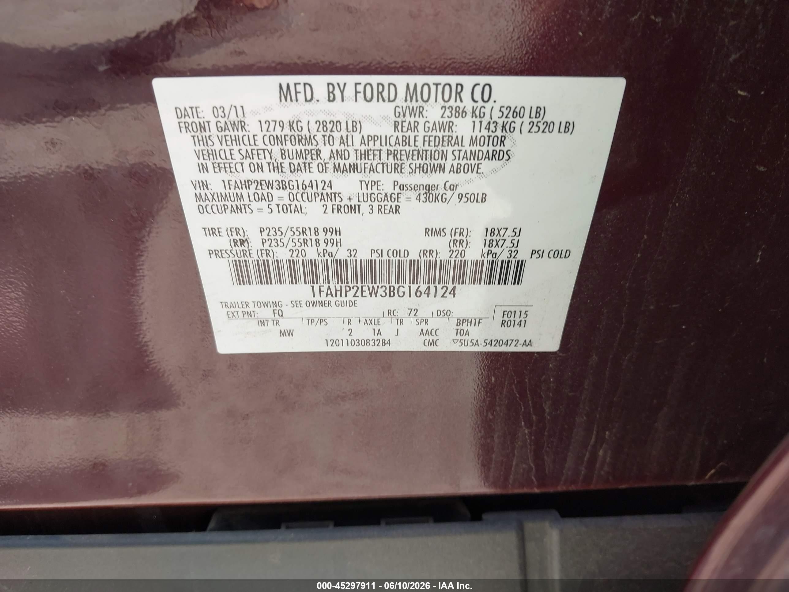 2011 Ford Taurus Sel Burgundy vin: 1FAHP2EW3BG164124