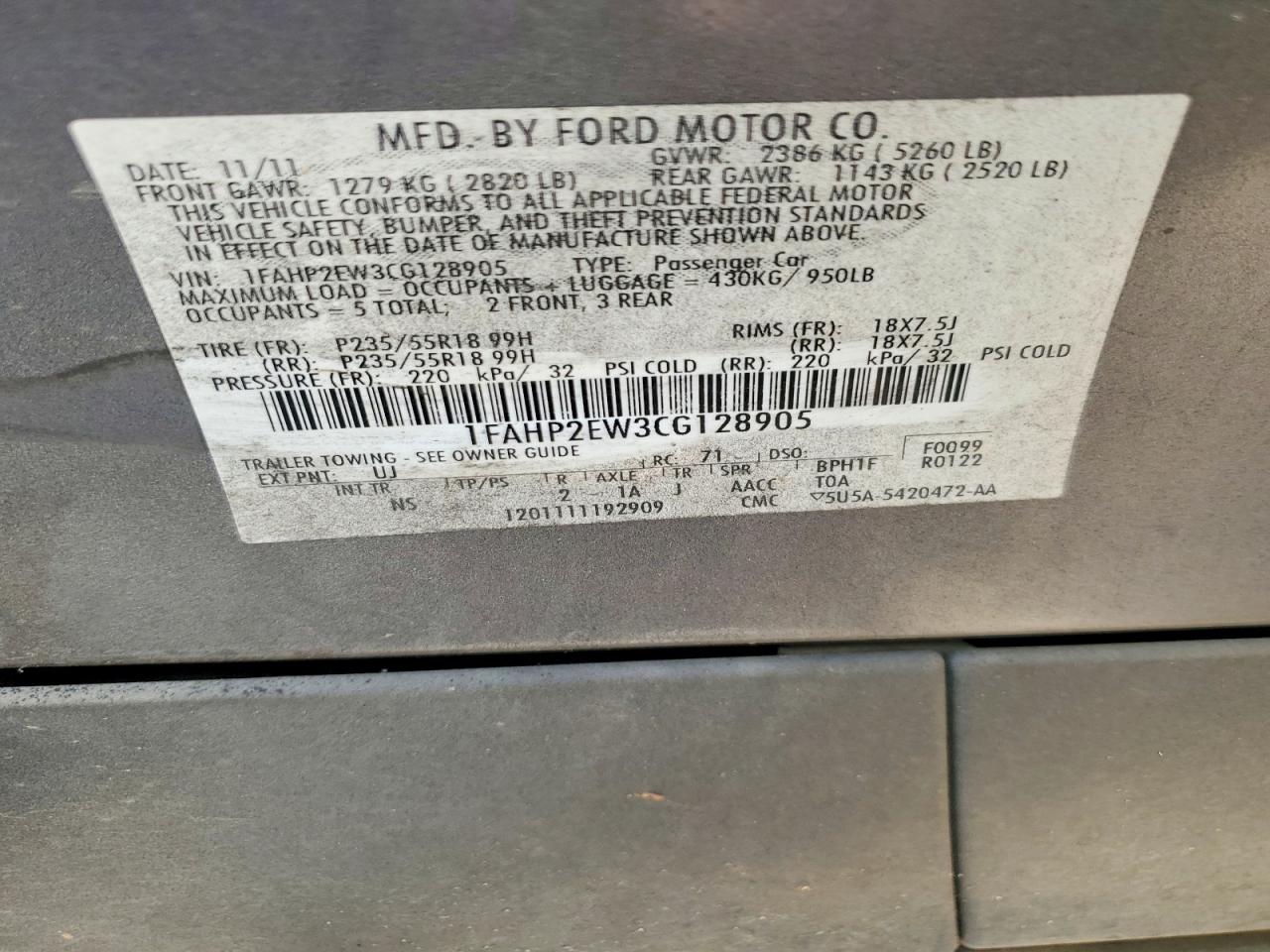 2012 Ford Taurus Sel Gray vin: 1FAHP2EW3CG128905