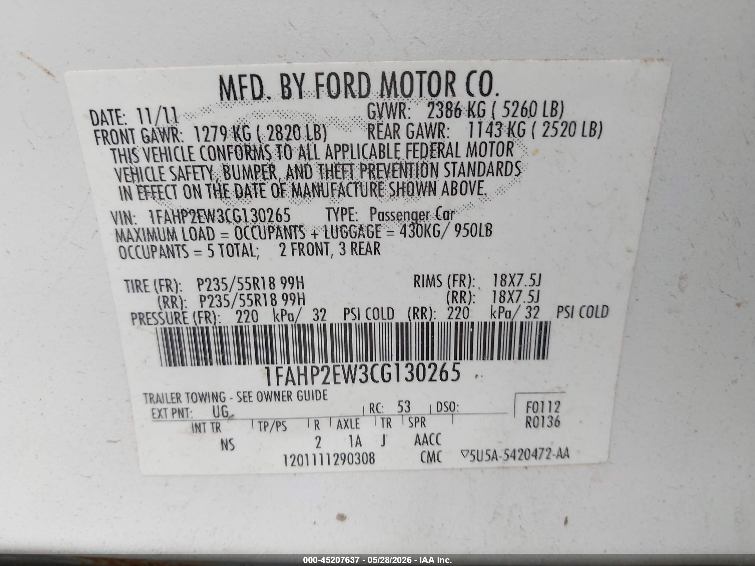 2012 Ford Taurus Sel Белый vin: 1FAHP2EW3CG130265