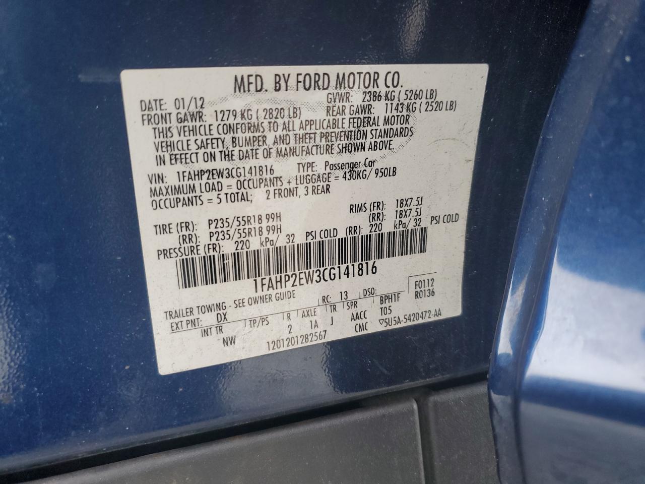 2012 Ford Taurus Sel Blue vin: 1FAHP2EW3CG141816