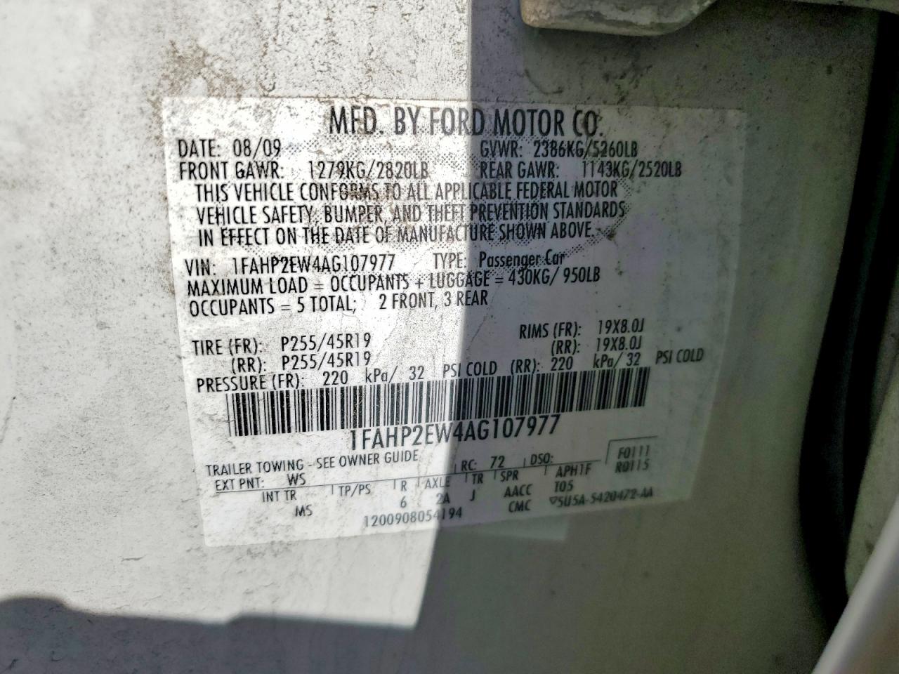 2010 Ford Taurus Sel White vin: 1FAHP2EW4AG107977
