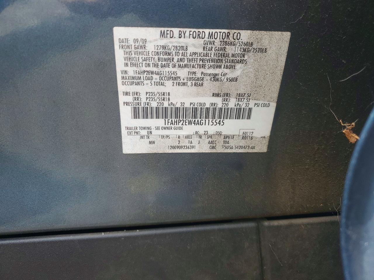 2010 Ford Taurus Sel Синий vin: 1FAHP2EW4AG115545