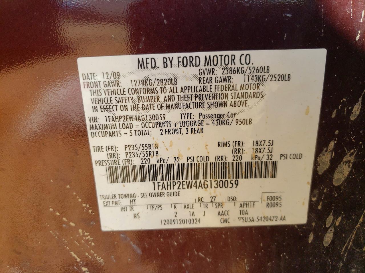 2010 Ford Taurus Sel Коричневый vin: 1FAHP2EW4AG130059