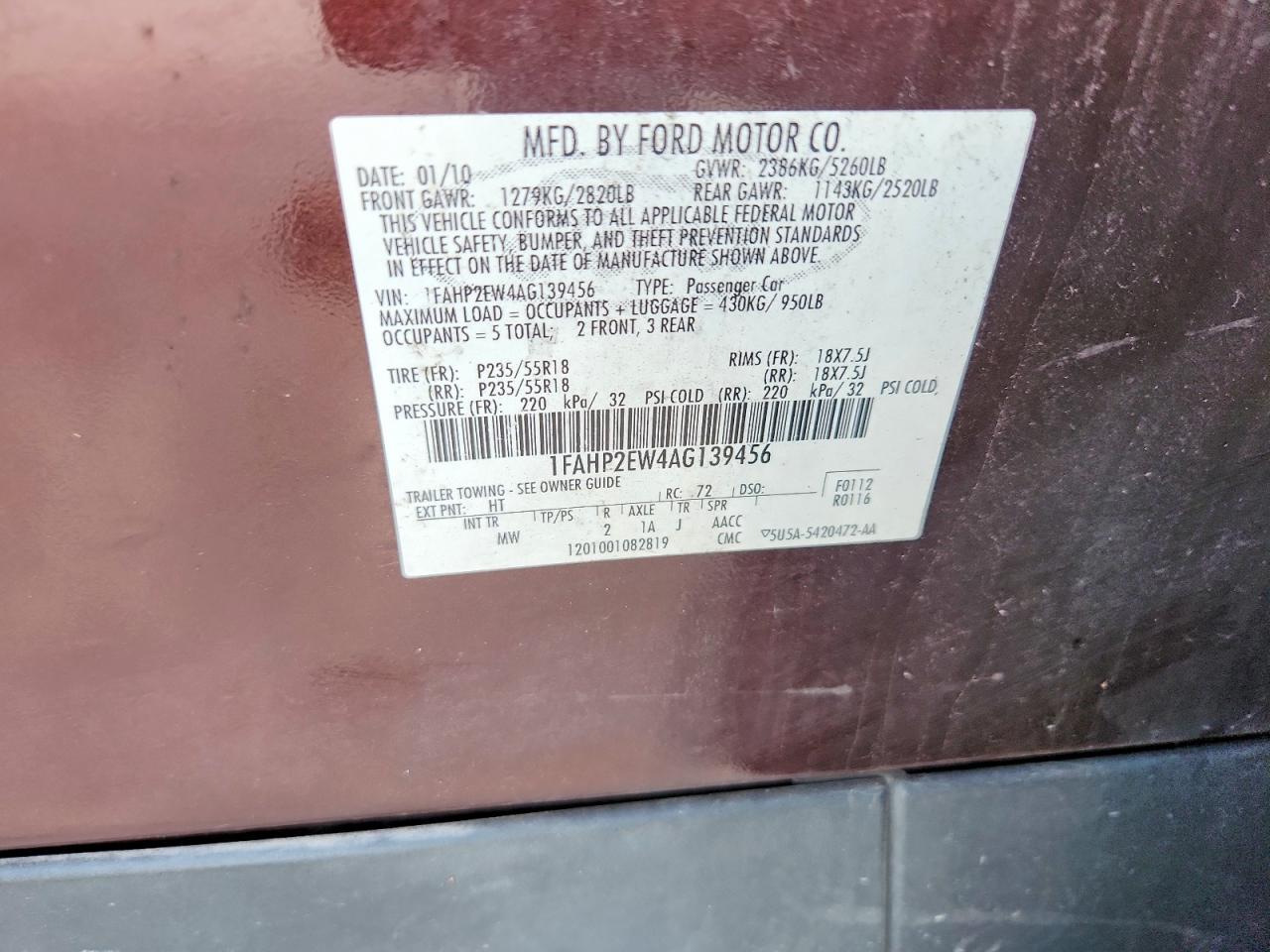 2010 Ford Taurus Sel Бордовый vin: 1FAHP2EW4AG139456