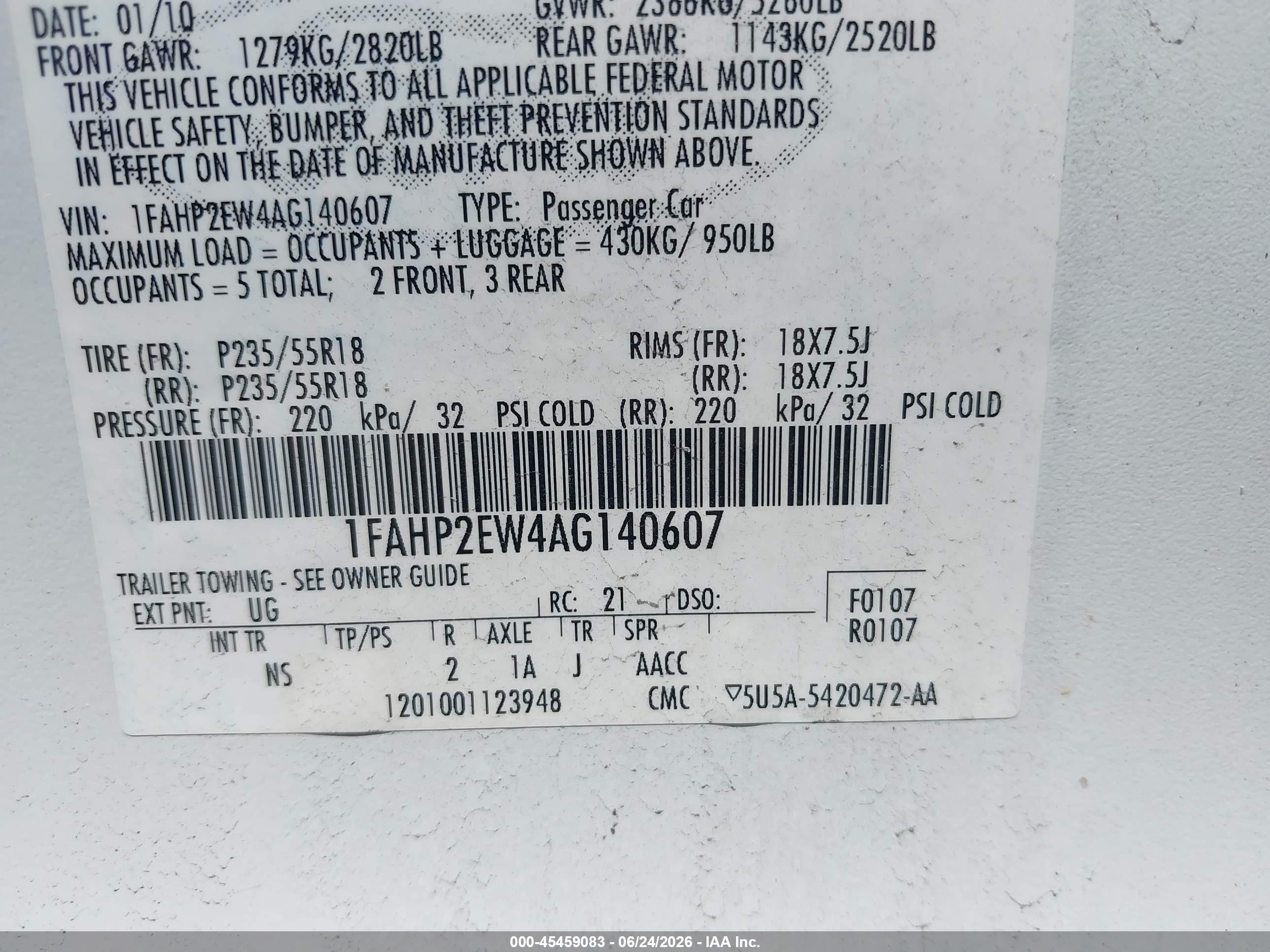 2010 Ford Taurus Sel White vin: 1FAHP2EW4AG140607