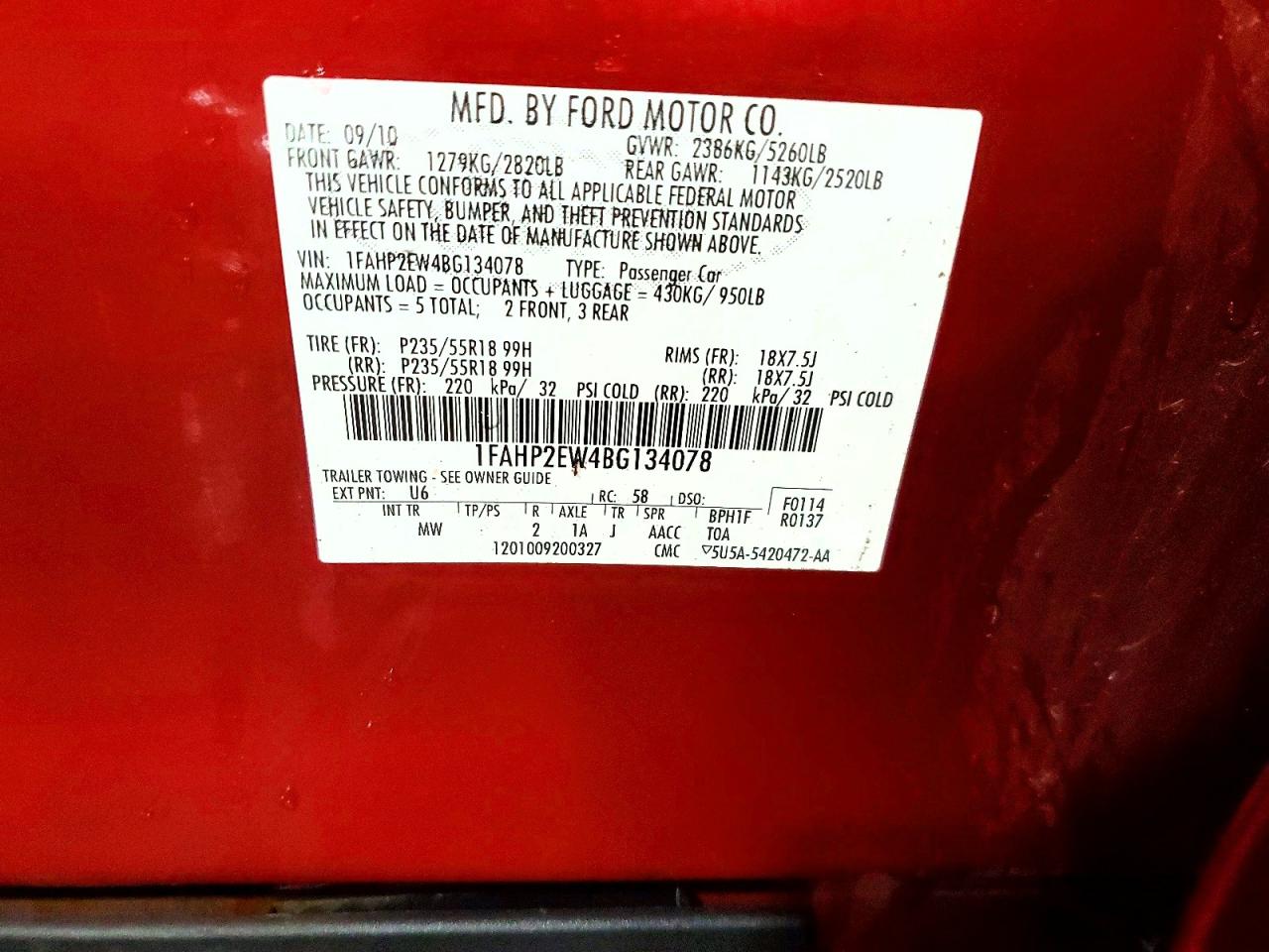 2011 Ford Taurus Sel Red vin: 1FAHP2EW4BG134078